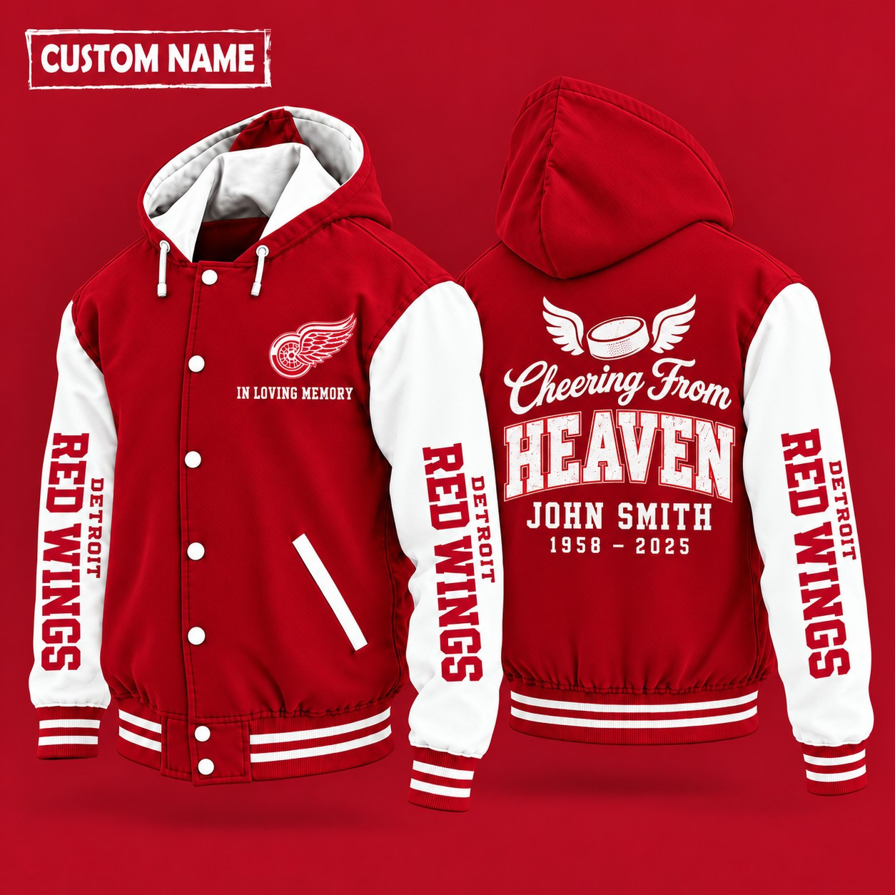 Detroit Red Wings Cheering From Heaven Memorial Hooded Letterman Jacket – In Loving Memory Custom Name PHCZ9Y
