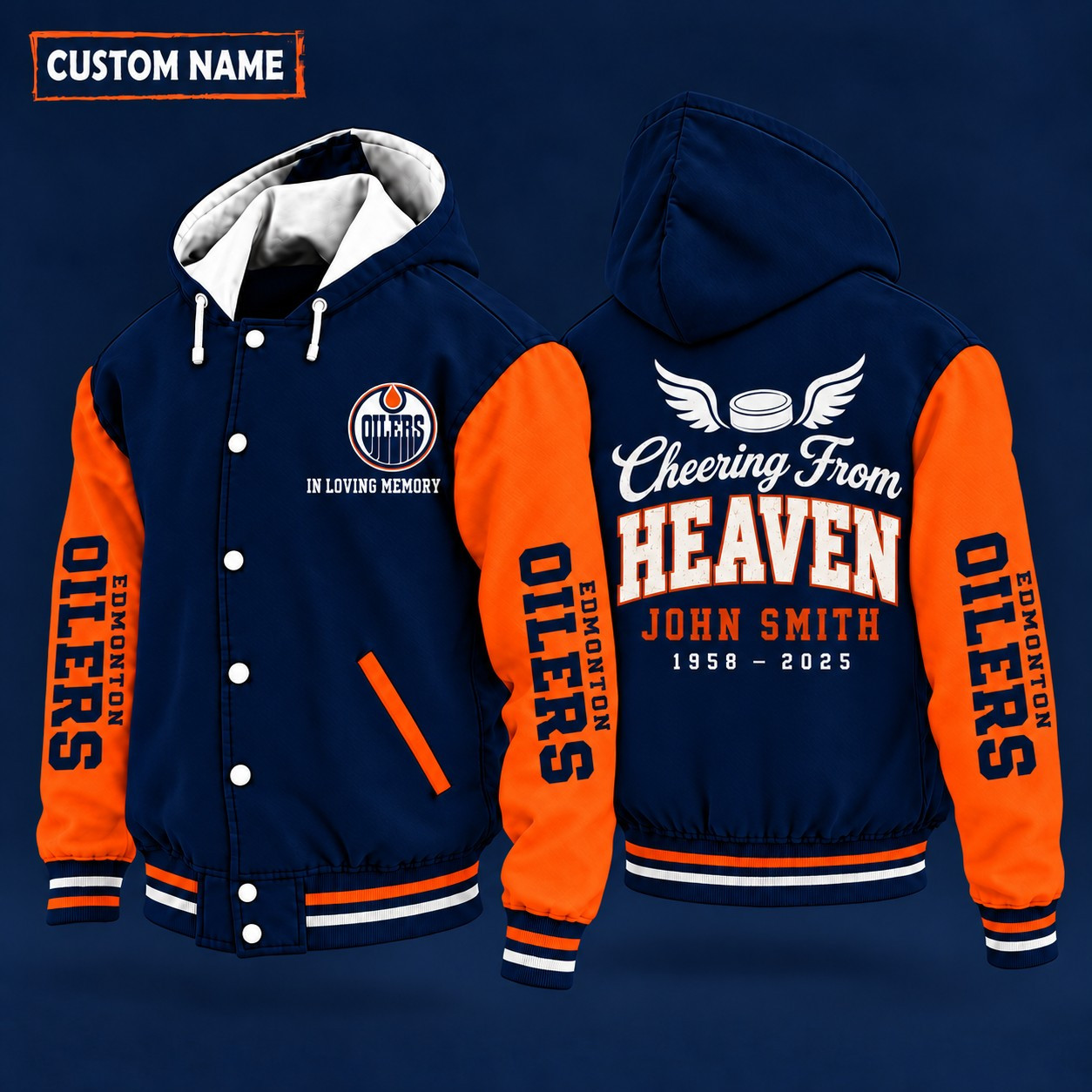 Edmonton Oilers Cheering From Heaven Memorial Hooded Letterman Jacket – In Loving Memory Custom Name P4N2J7