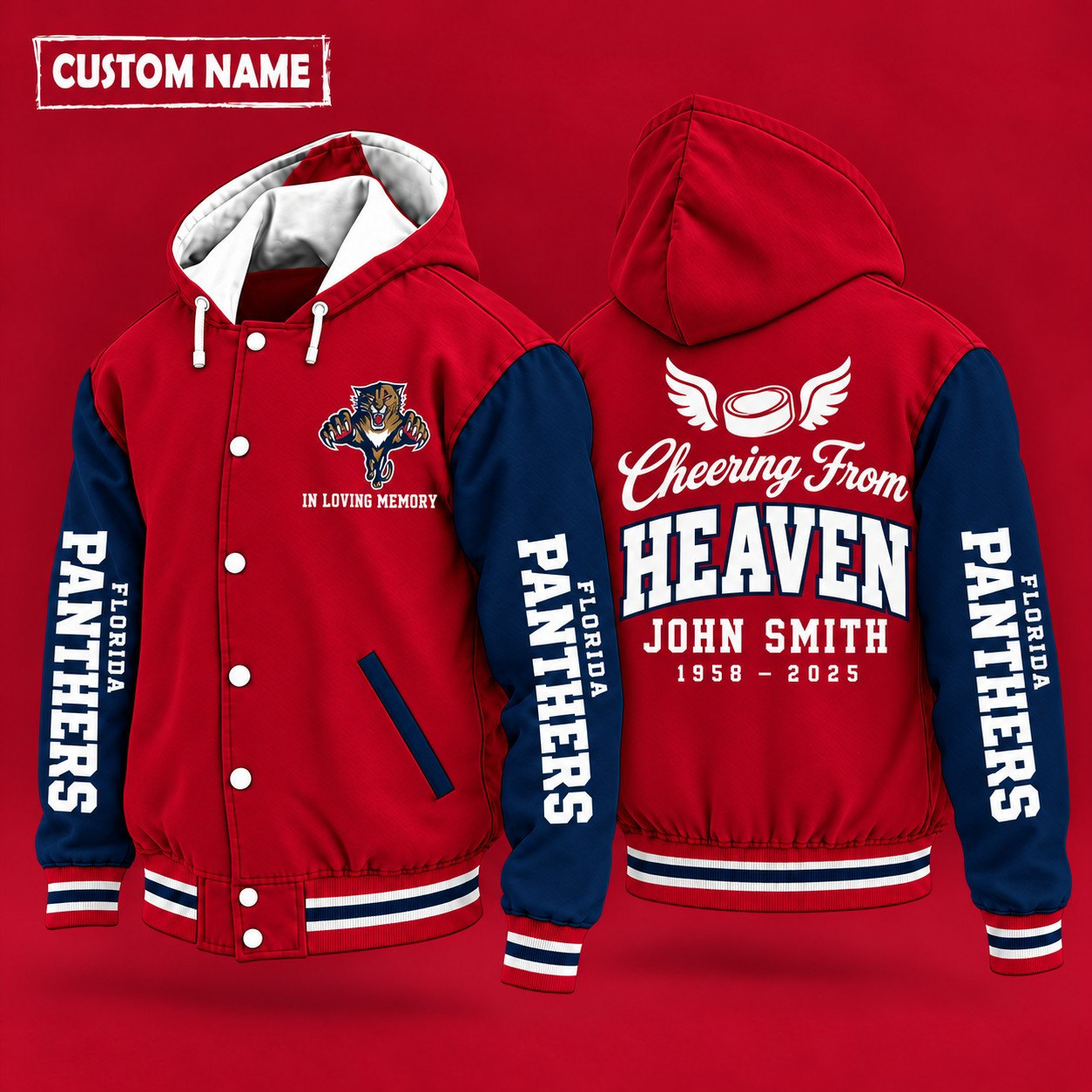 Florida Panthers Cheering From Heaven Memorial Hooded Letterman Jacket – In Loving Memory Custom Name PNC0CL