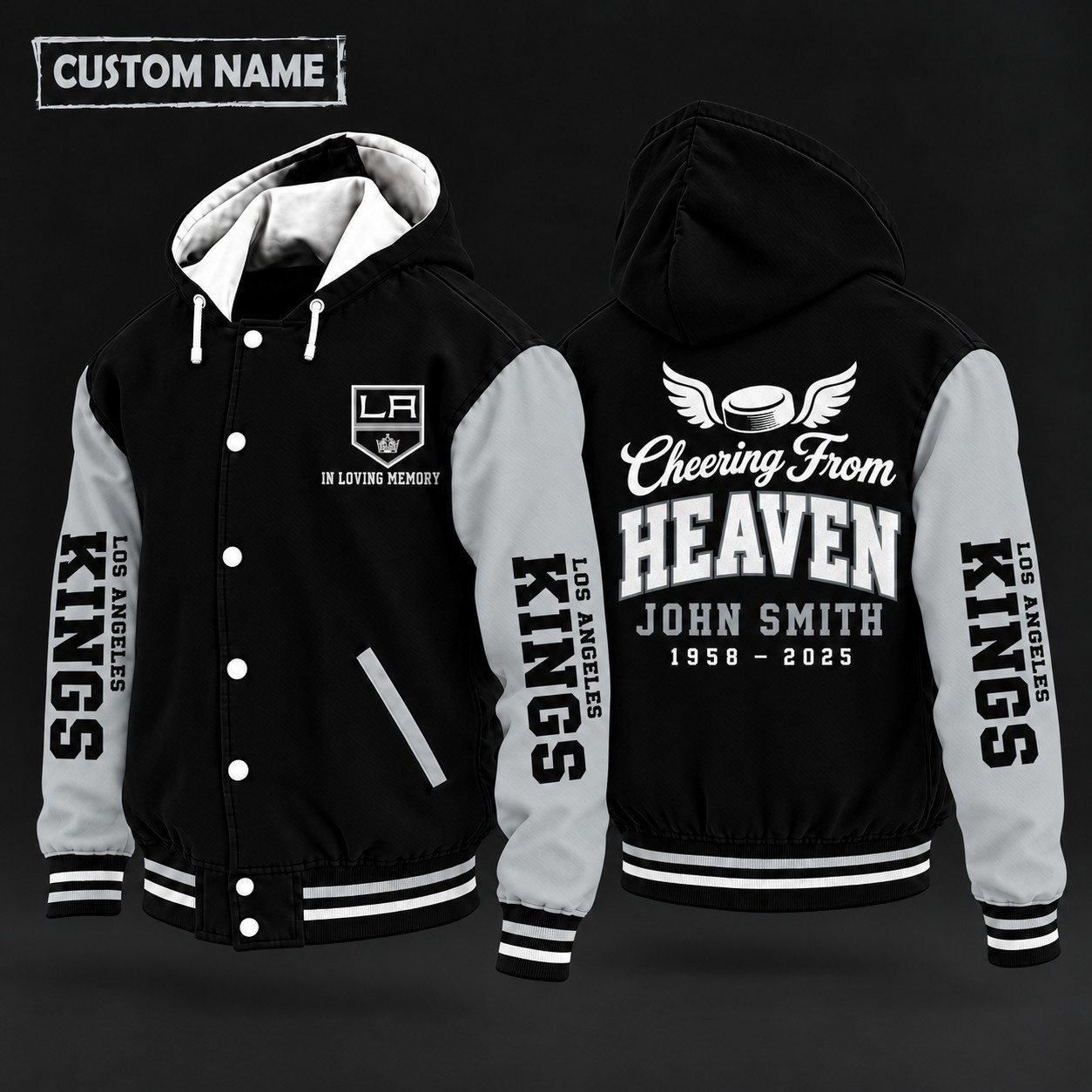 Los Angeles Kings Cheering From Heaven Memorial Hooded Letterman Jacket – In Loving Memory Custom Name PV4VDR