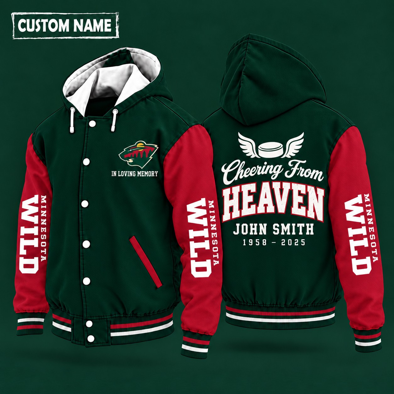 Minnesota Wild Cheering From Heaven Memorial Hooded Letterman Jacket – In Loving Memory Custom Name PPY8IH