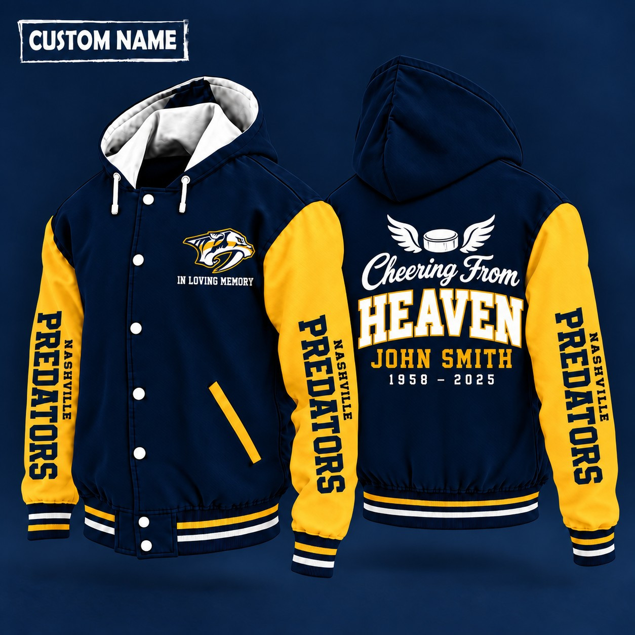 Nashville Predators Cheering From Heaven Memorial Hooded Letterman Jacket – In Loving Memory Custom Name PEMNWL
