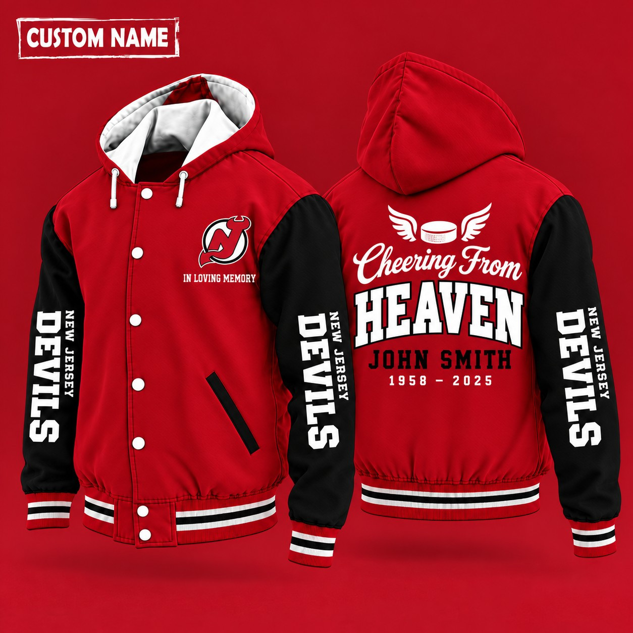 New Jersey Devils Cheering From Heaven Memorial Hooded Letterman Jacket – In Loving Memory Custom Name PEI527