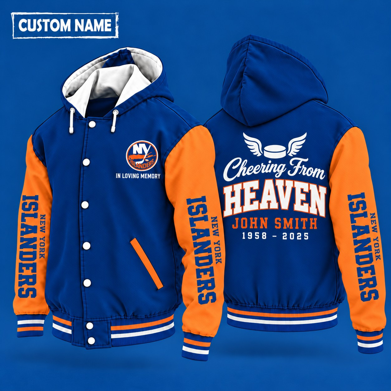 New York Islanders Cheering From Heaven Memorial Hooded Letterman Jacket – In Loving Memory Custom Name P9OZ56