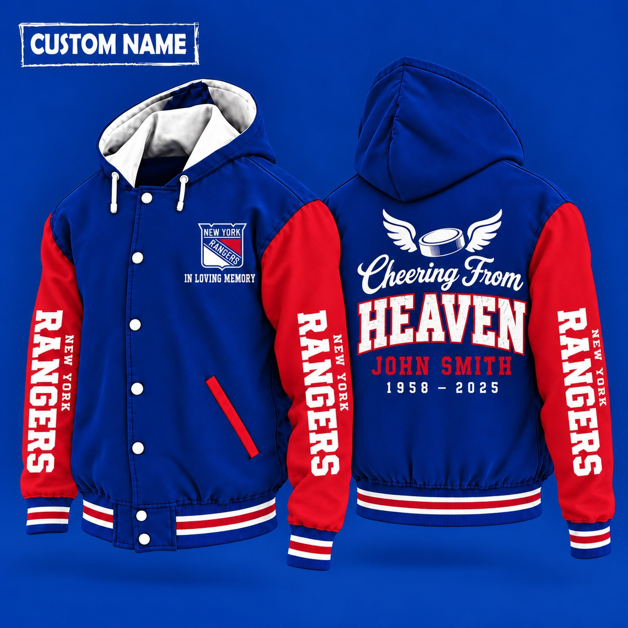 New York Rangers Cheering From Heaven Memorial Hooded Letterman Jacket – In Loving Memory Custom Name P0GZ0P