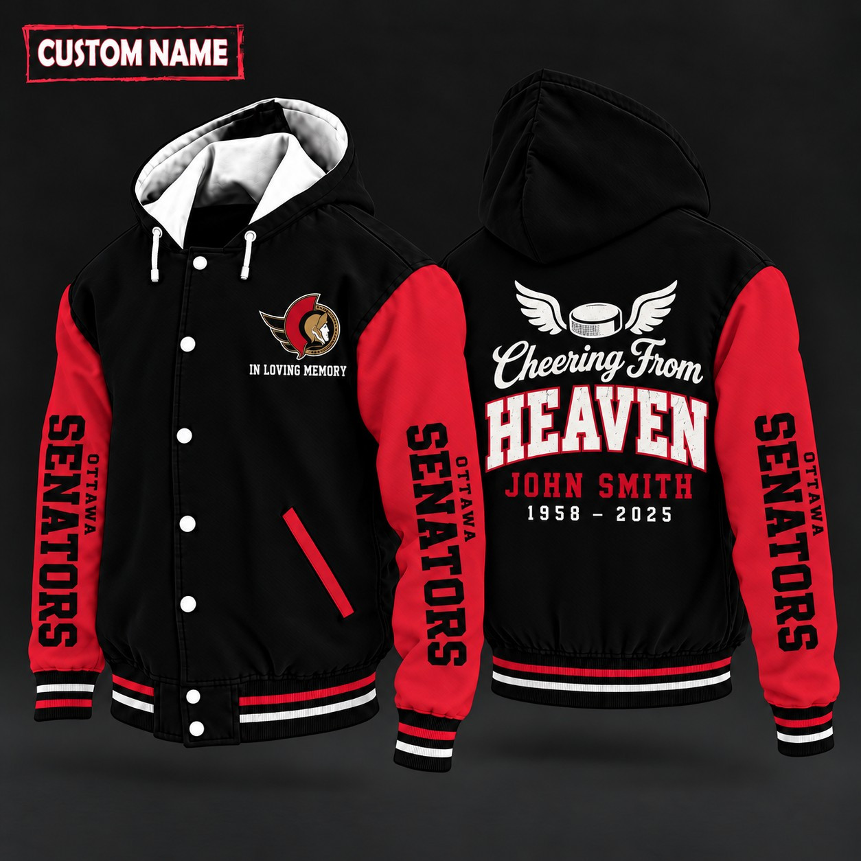 Ottawa Senators Cheering From Heaven Memorial Hooded Letterman Jacket – In Loving Memory Custom Name P4F6QF