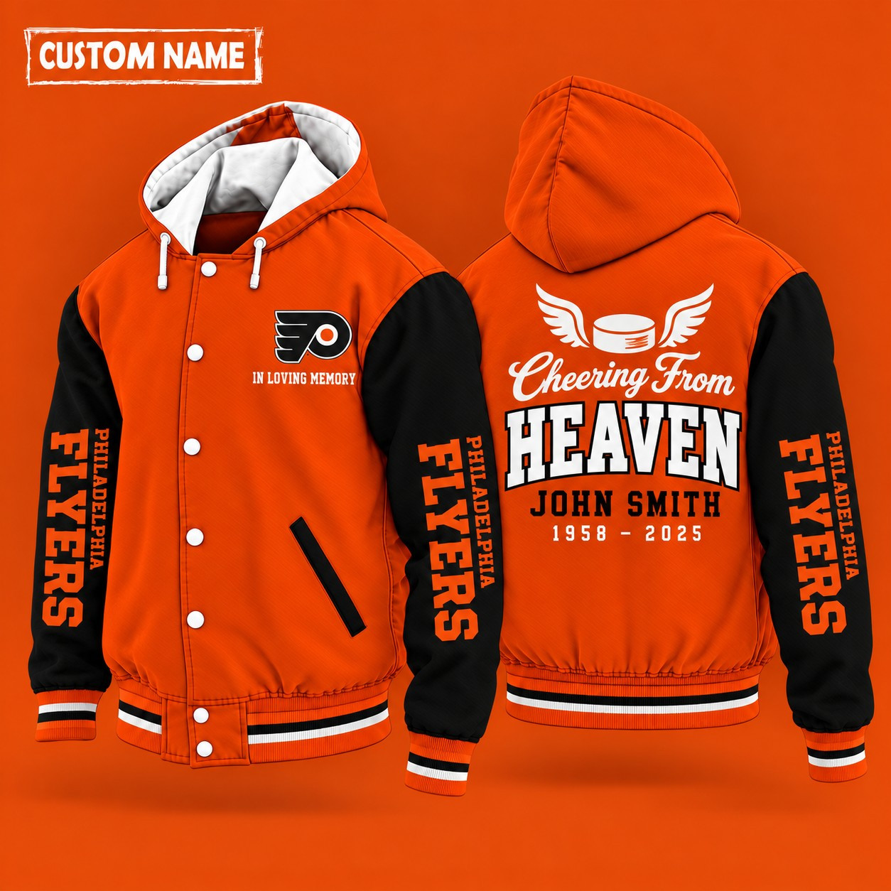 Philadelphia Flyers Cheering From Heaven Memorial Hooded Letterman Jacket – In Loving Memory Custom Name P2RIWT