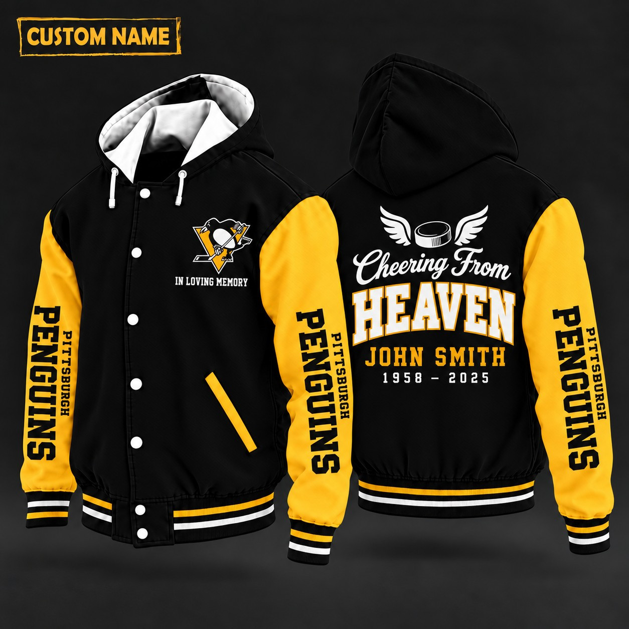 Pittsburgh Penguins Cheering From Heaven Memorial Hooded Letterman Jacket – In Loving Memory Custom Name PGJ7I6