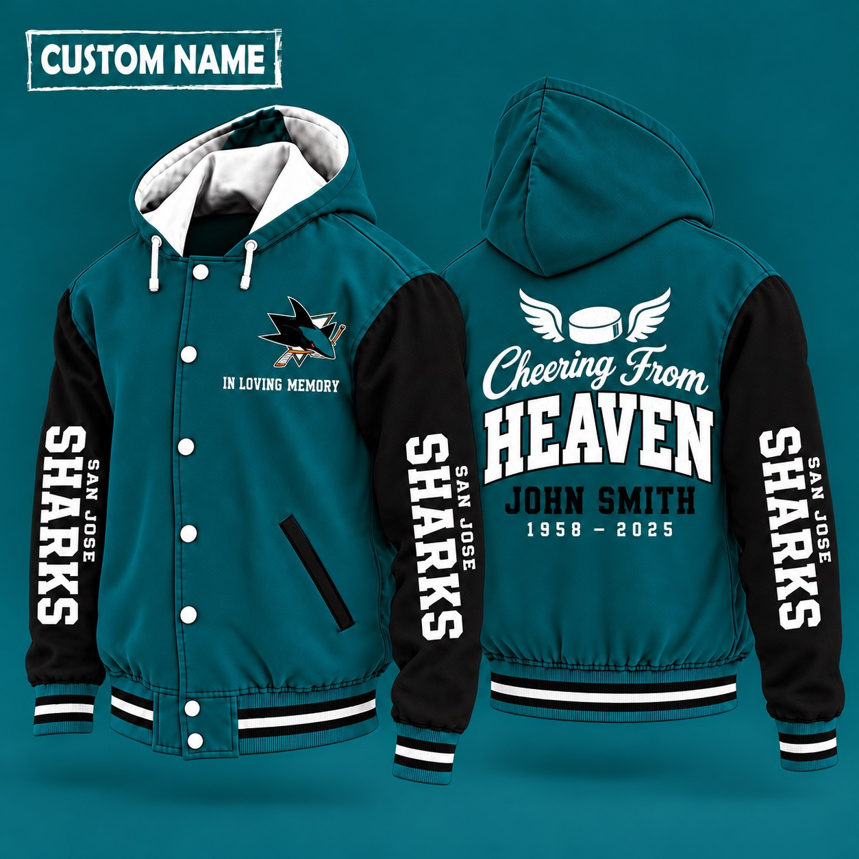 San Jose Sharks Cheering From Heaven Memorial Hooded Letterman Jacket – In Loving Memory Custom Name P6XFGZ