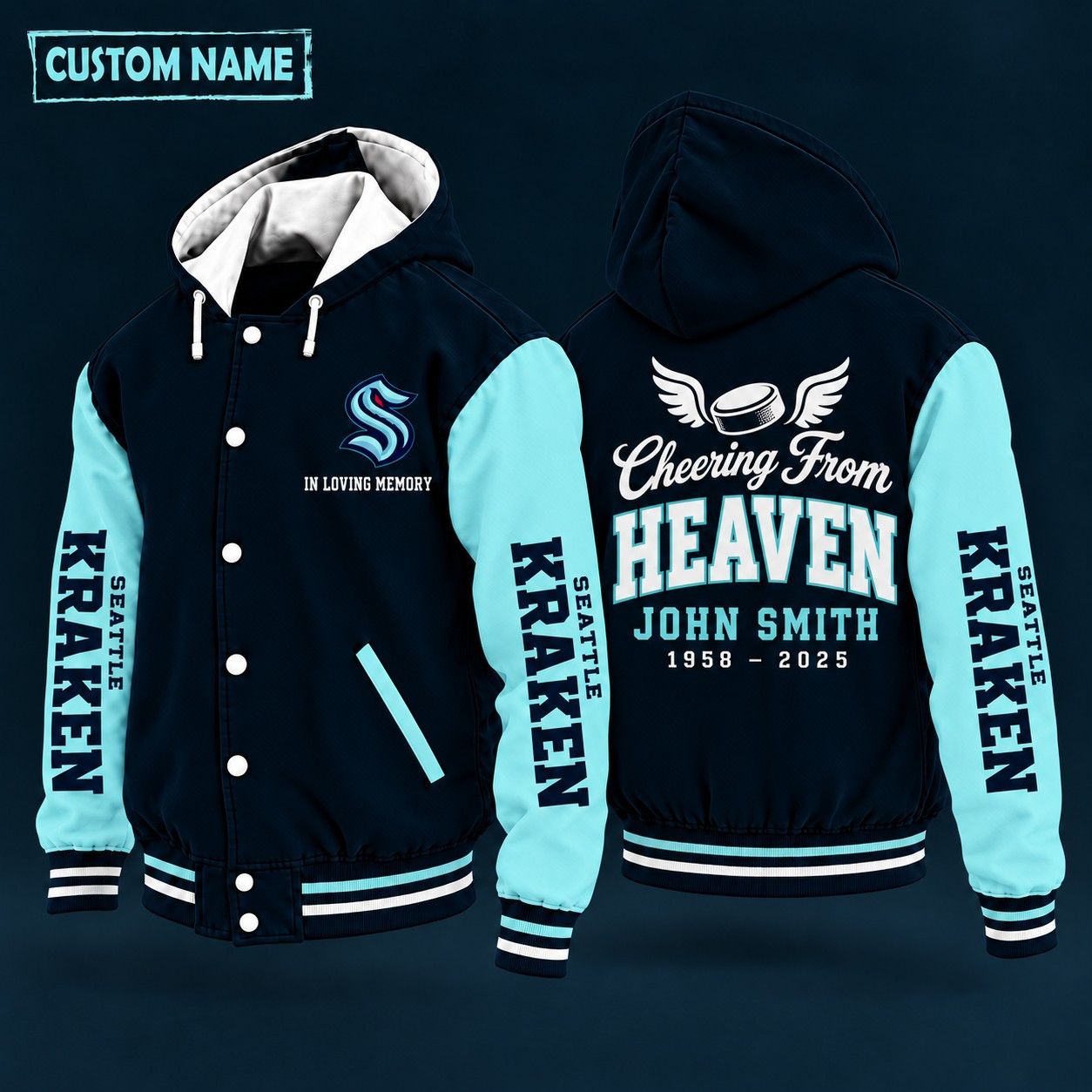 Seattle Kraken Cheering From Heaven Memorial Hooded Letterman Jacket – In Loving Memory Custom Name PHBQ4Q