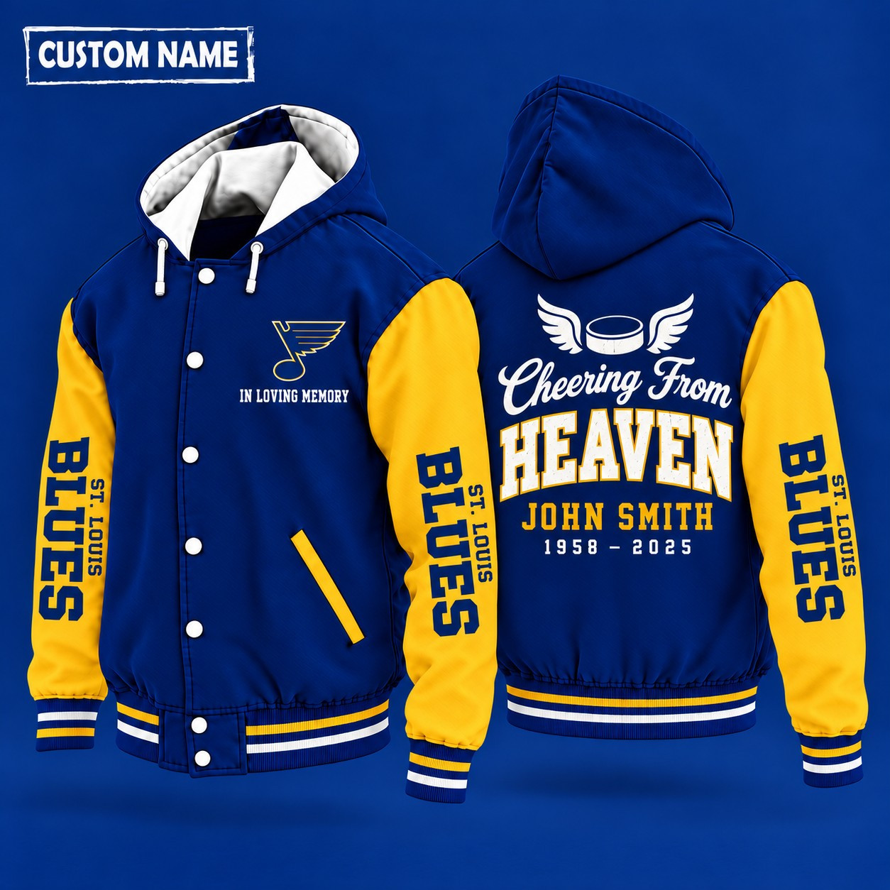St. Louis Blues Cheering From Heaven Memorial Hooded Letterman Jacket – In Loving Memory Custom Name PTYJRR