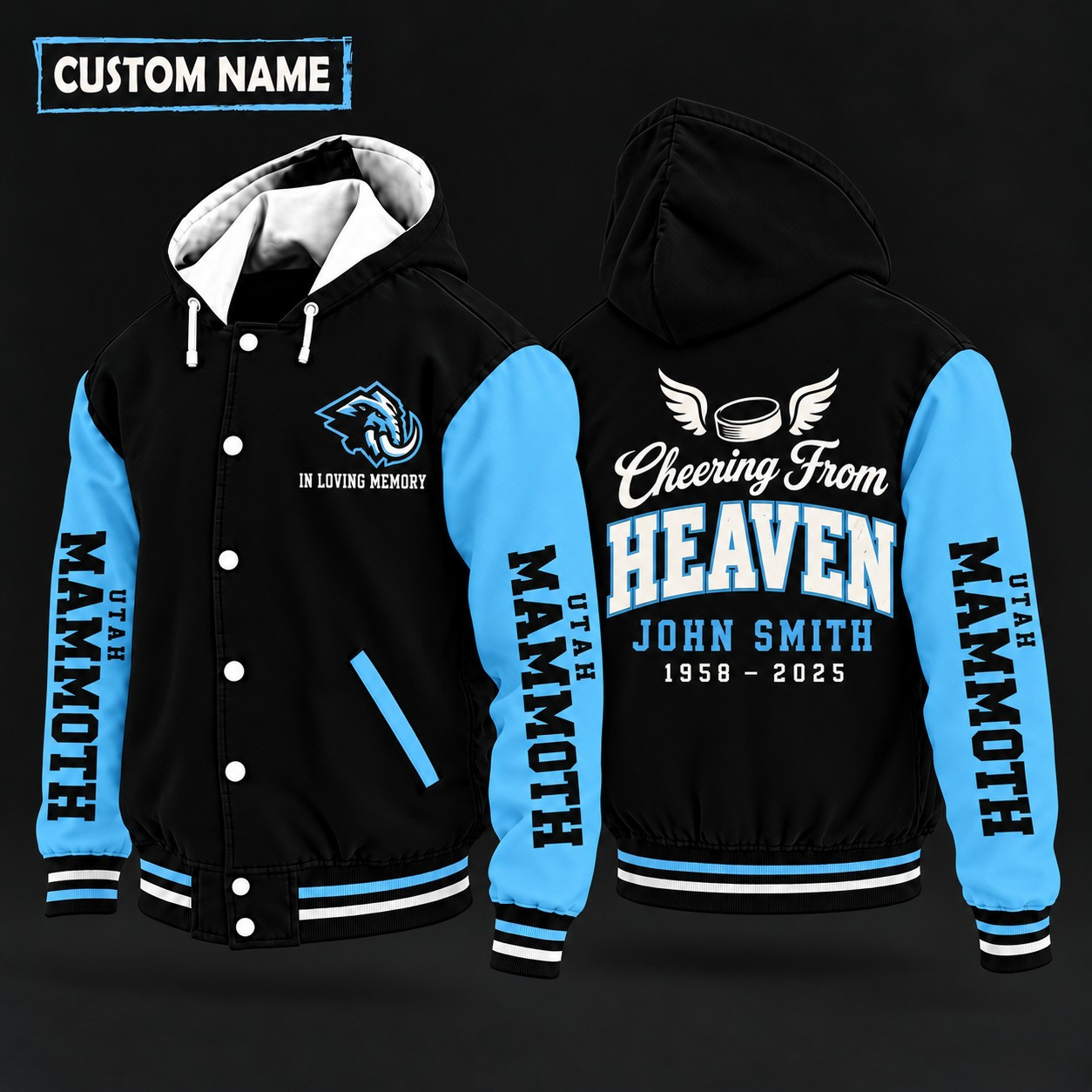Utah Mammoth Cheering From Heaven Memorial Hooded Letterman Jacket – In Loving Memory Custom Name PKW3WZ