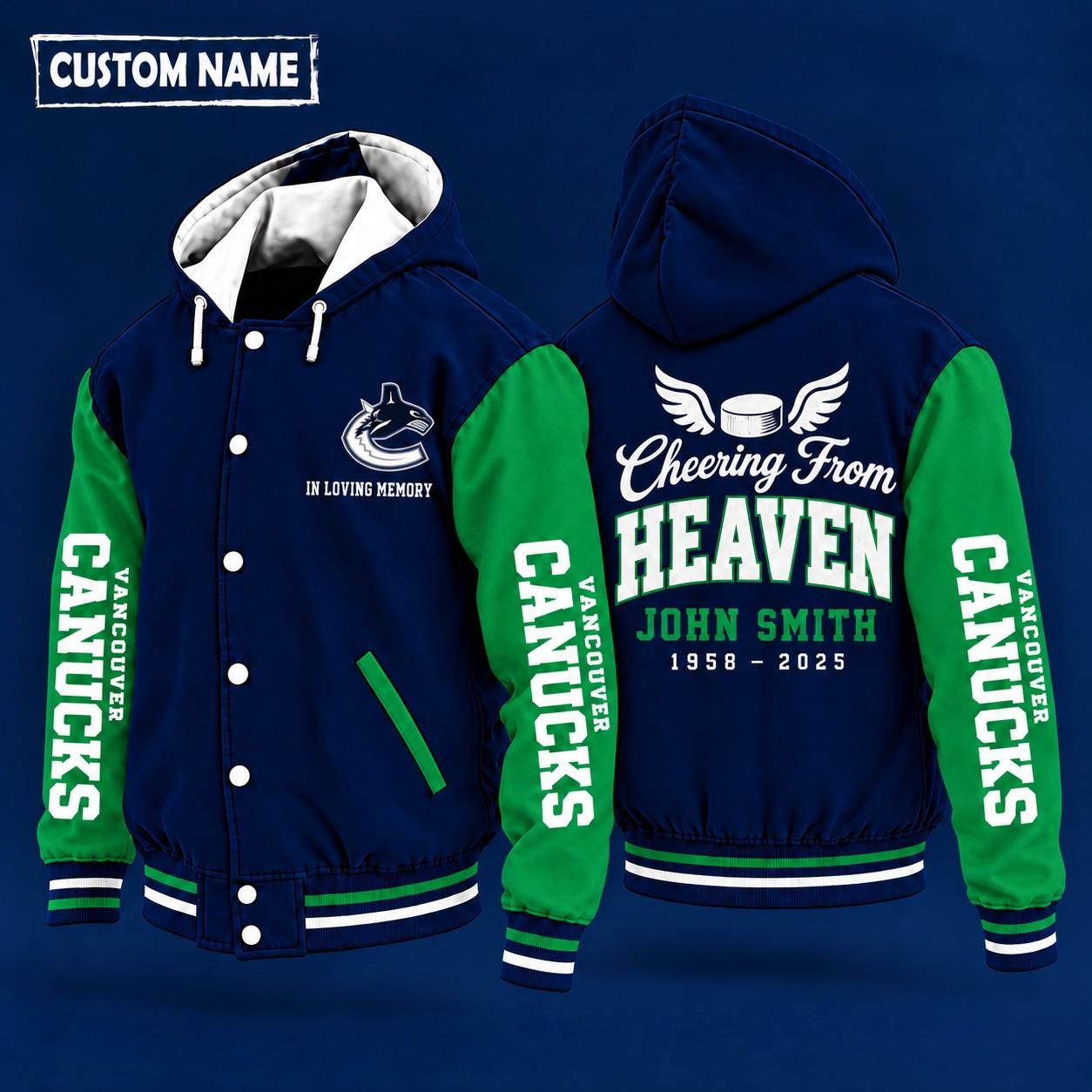 Vancouver Canucks Cheering From Heaven Memorial Hooded Letterman Jacket – In Loving Memory Custom Name P4FEVK