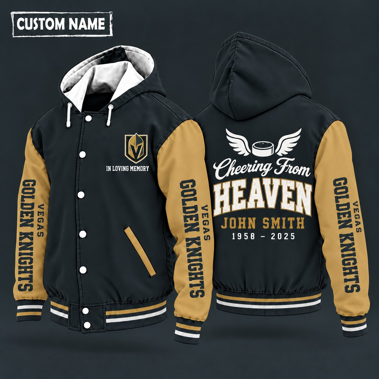 Vegas Golden Knights Cheering From Heaven Memorial Hooded Letterman Jacket – In Loving Memory Custom Name PBA0J3