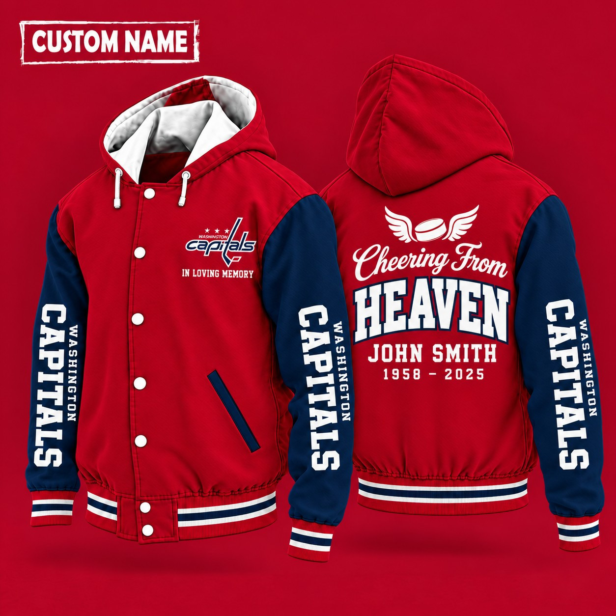 Washington Capitals Cheering From Heaven Memorial Hooded Letterman Jacket – In Loving Memory Custom Name PXK23U