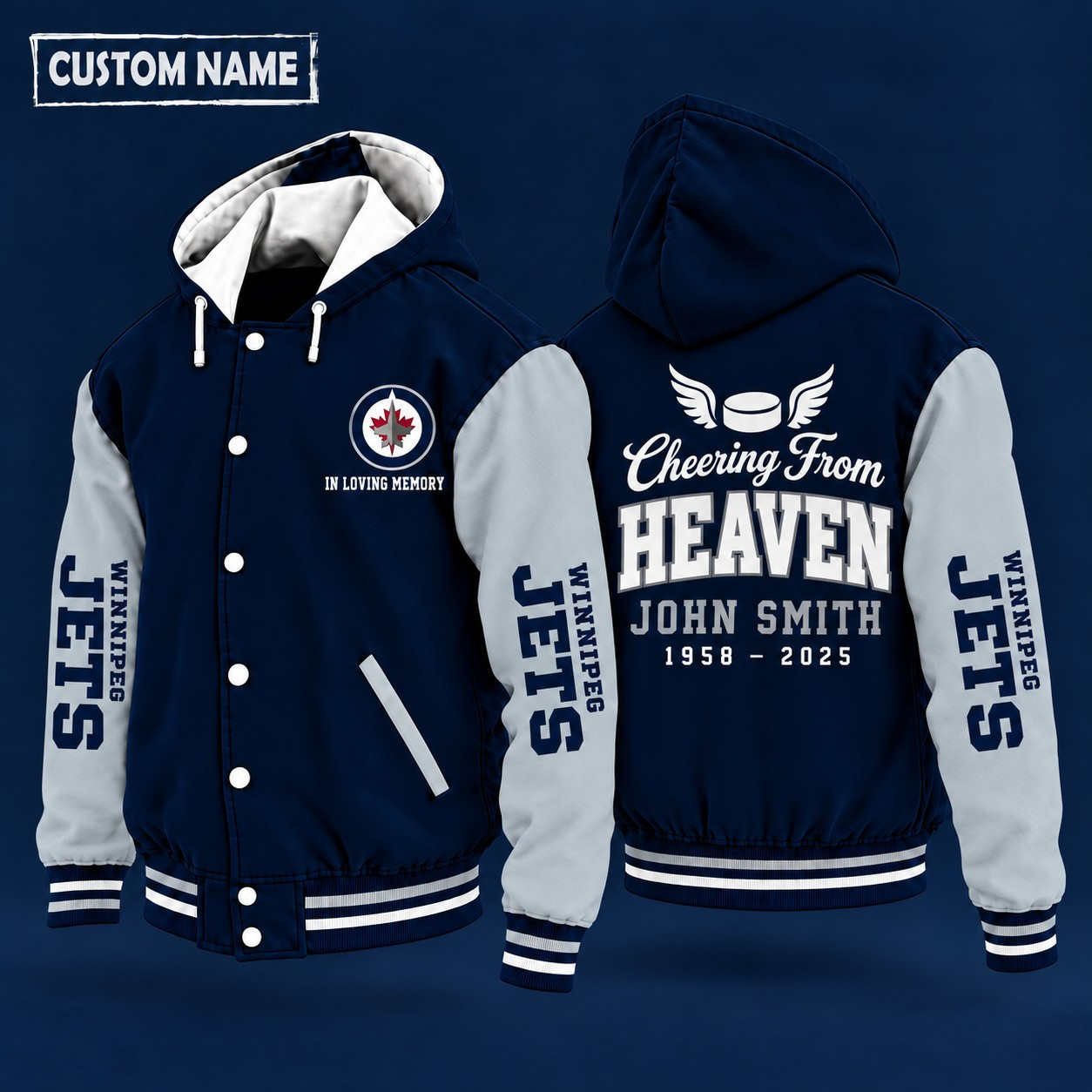 Winnipeg Jets Cheering From Heaven Memorial Hooded Letterman Jacket – In Loving Memory Custom Name PEACT9