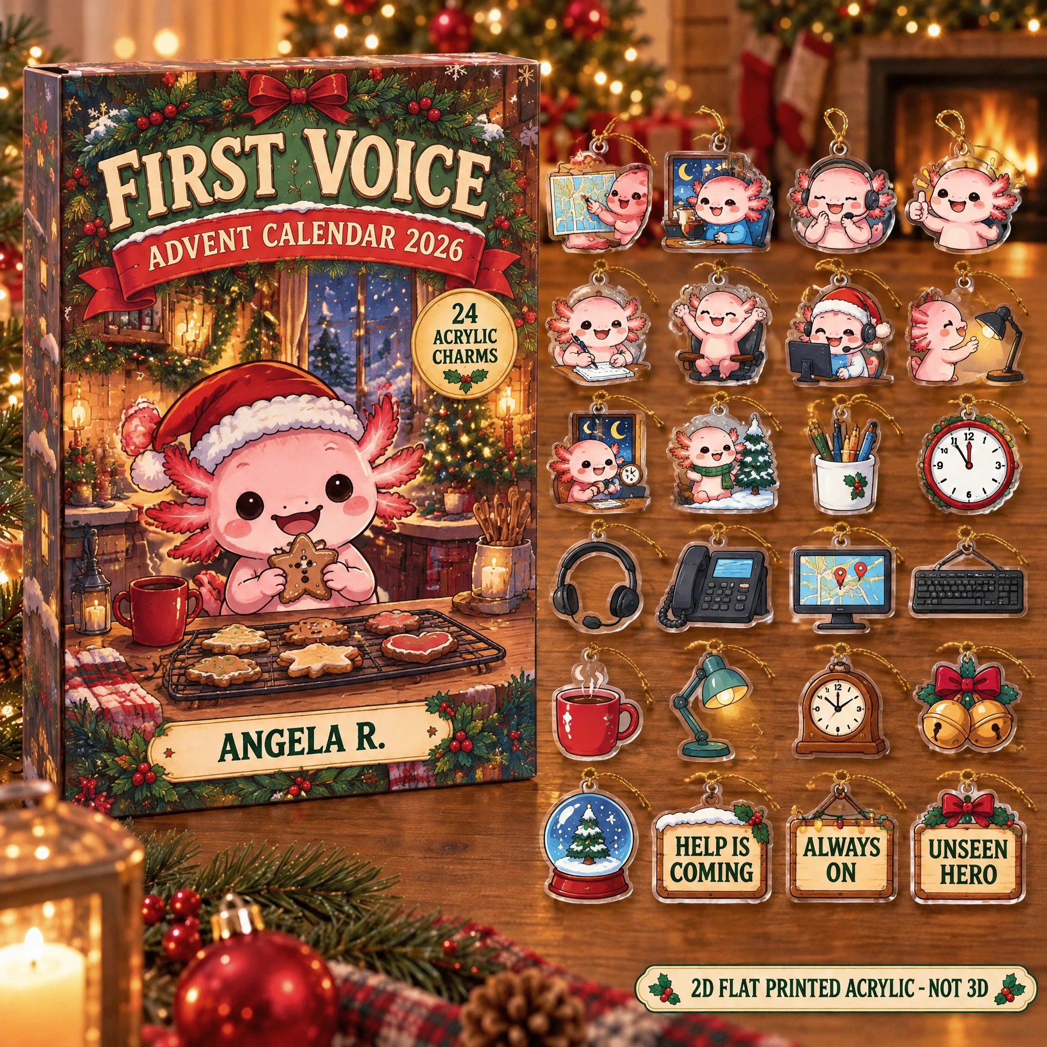 Personalized 911 Dispatcher Axolotl advent calendar box with 24 flat acrylic Christmas charms