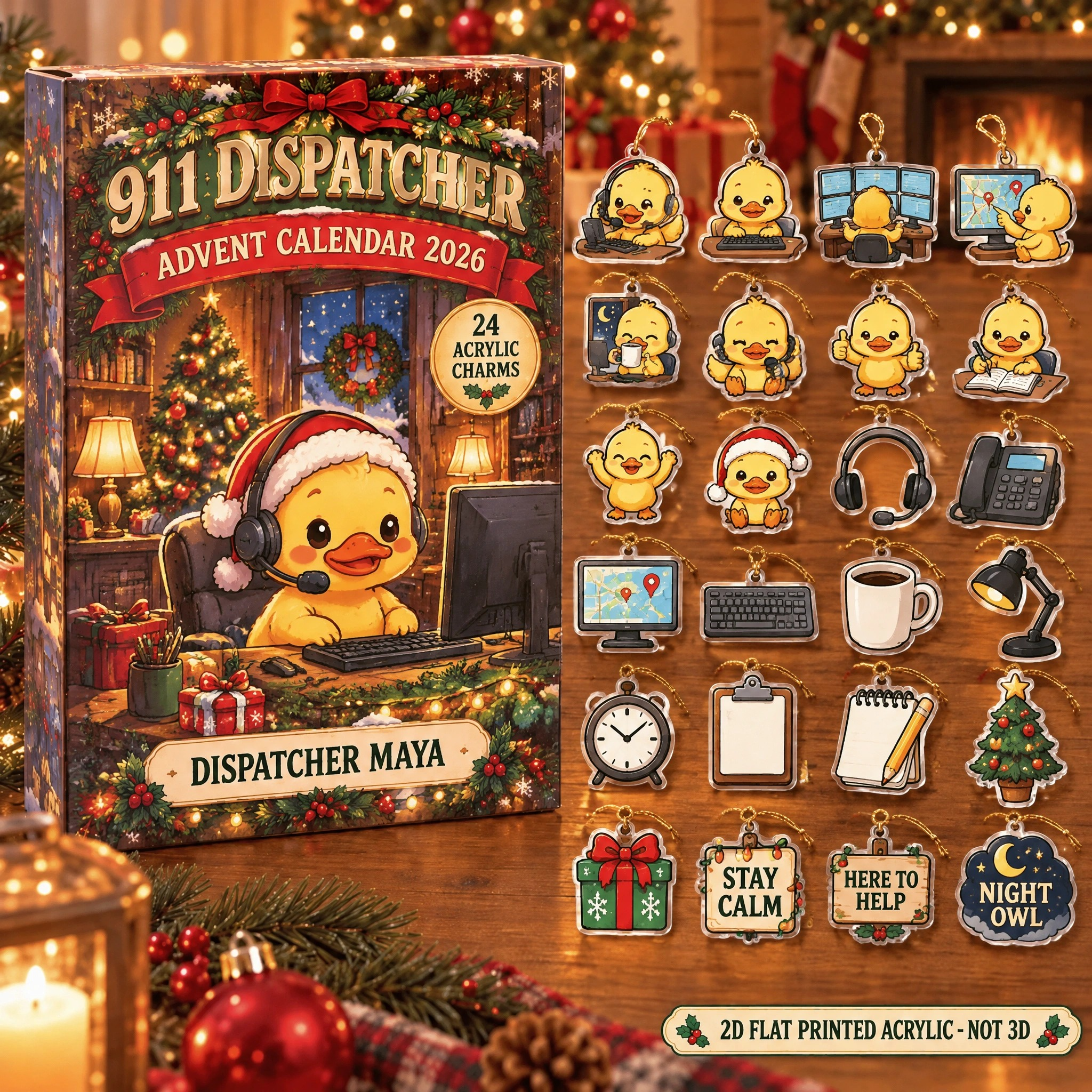 Personalized 911 Dispatcher Duck advent calendar box with 24 flat acrylic Christmas charms