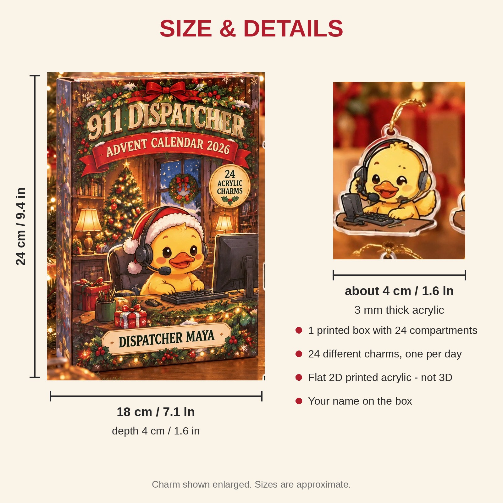 Personalized 911 Dispatcher Duck advent calendar box with 24 flat acrylic Christmas charms: box and charm sizes