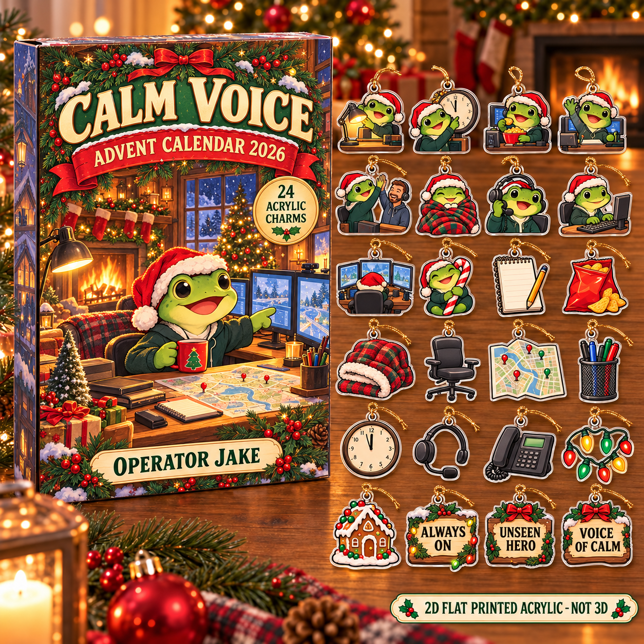 Personalized 911 Dispatcher Frog advent calendar box with 24 flat acrylic Christmas charms