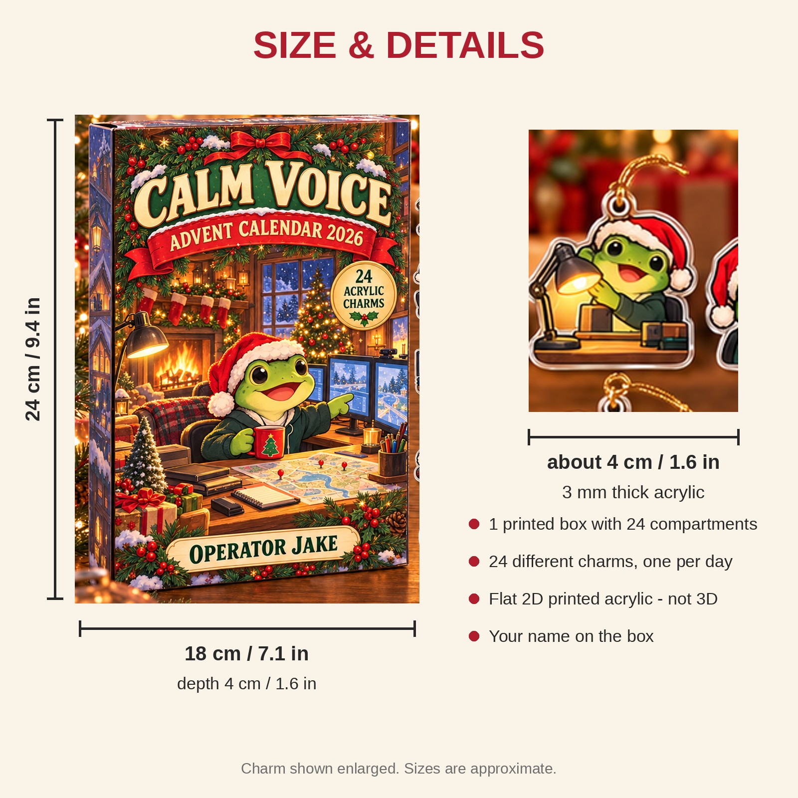 Personalized 911 Dispatcher Frog advent calendar box with 24 flat acrylic Christmas charms: box and charm sizes