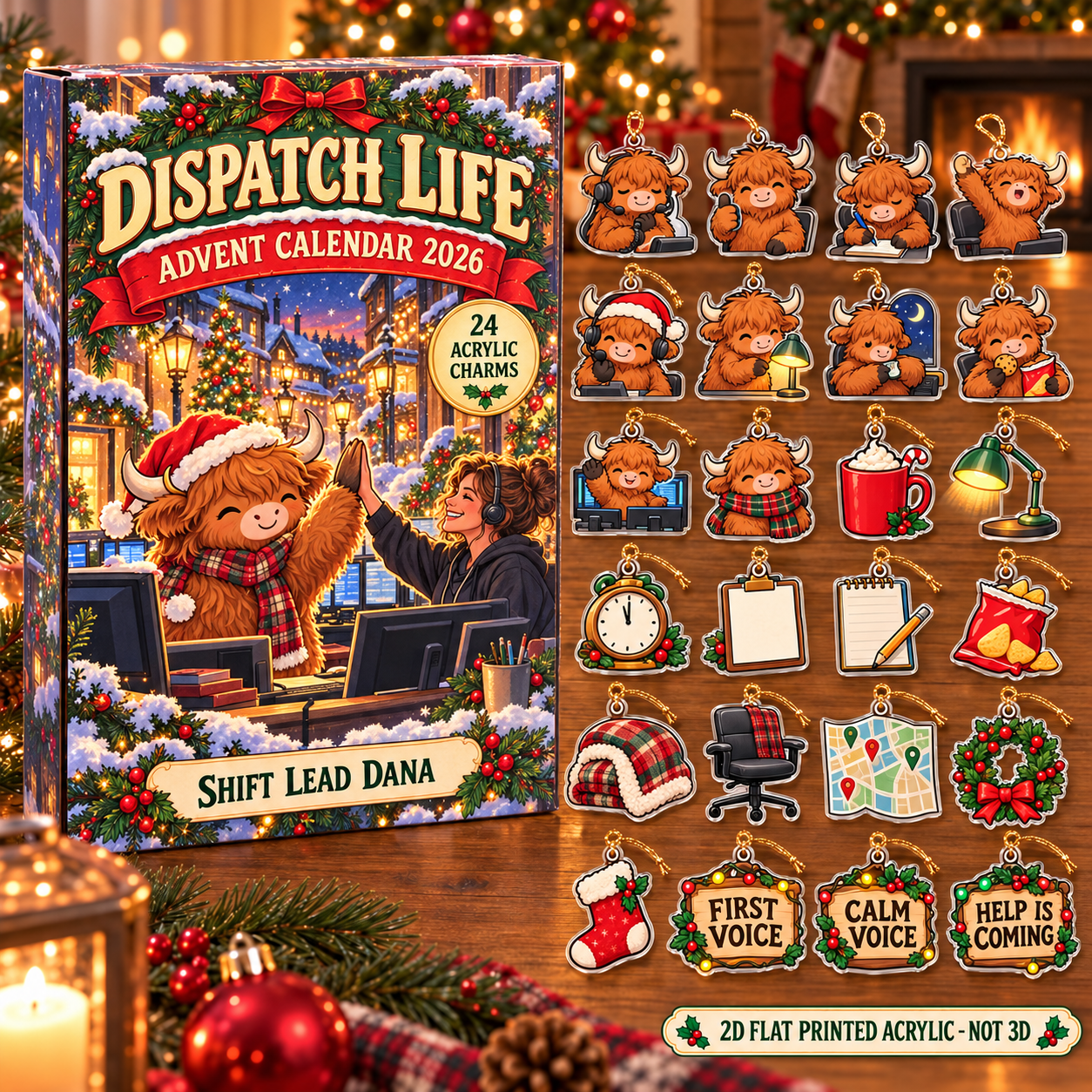 Personalized 911 Dispatcher Highland Cow advent calendar box with 24 flat acrylic Christmas charms