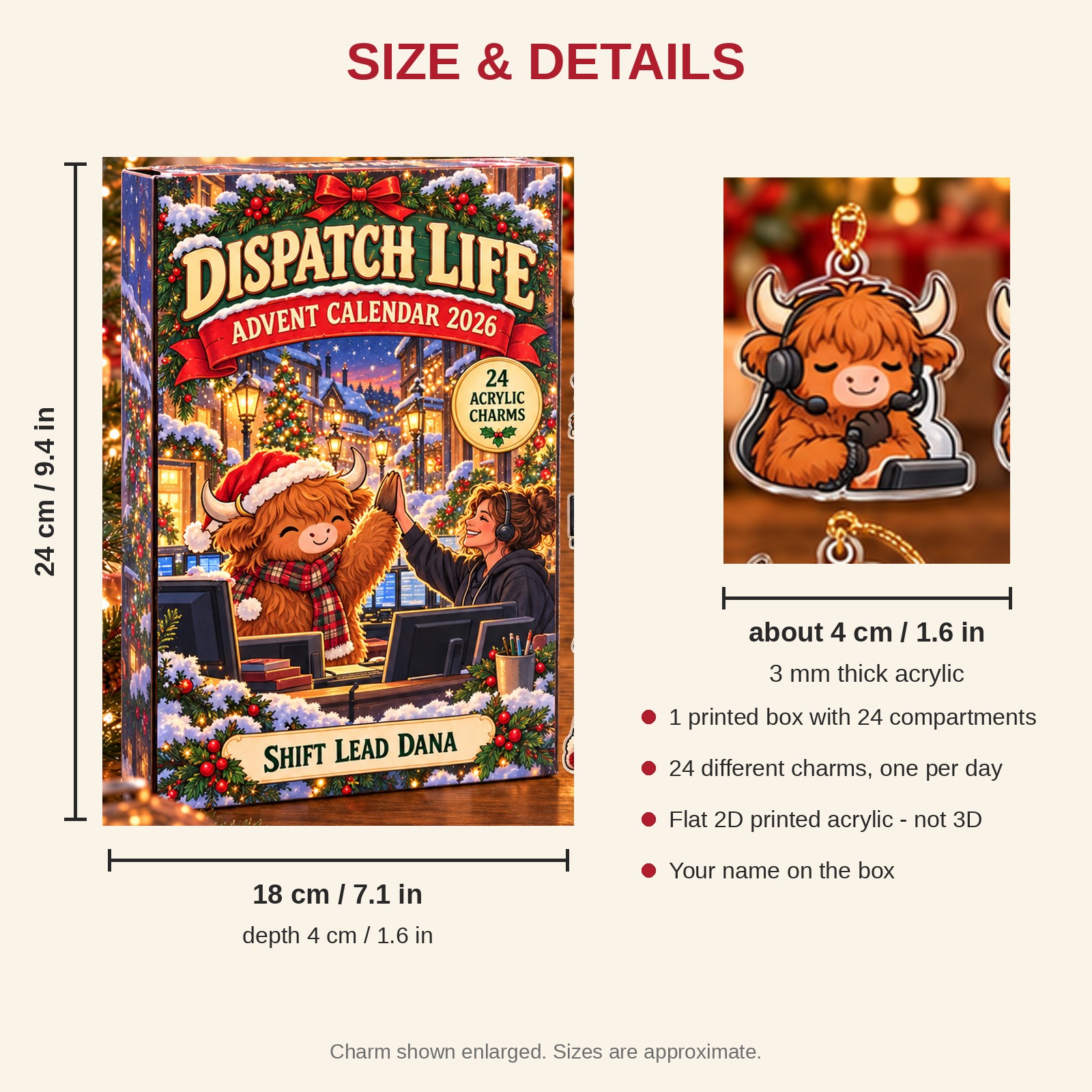 Personalized 911 Dispatcher Highland Cow advent calendar box with 24 flat acrylic Christmas charms: box and charm sizes