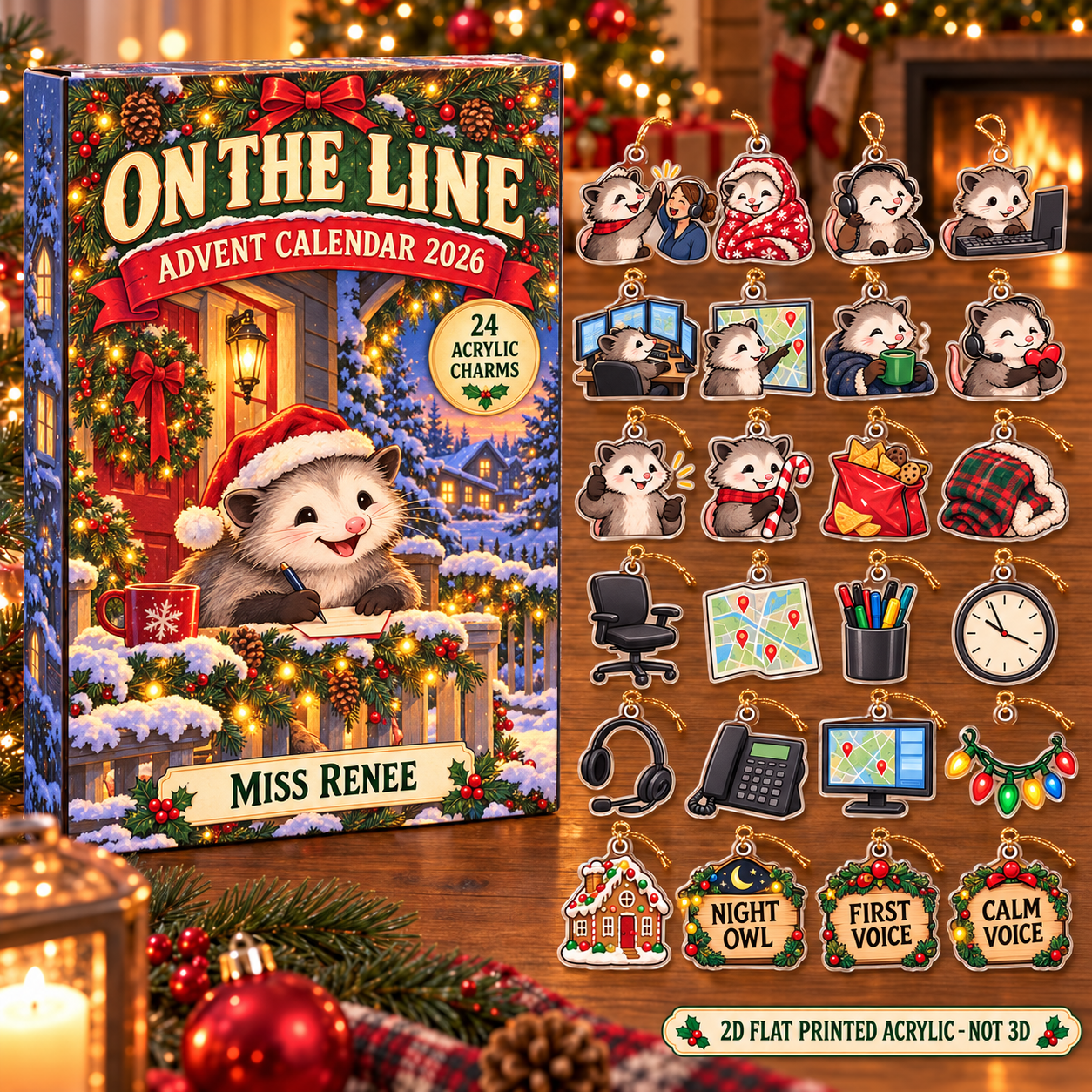 Personalized 911 Dispatcher Opossum advent calendar box with 24 flat acrylic Christmas charms