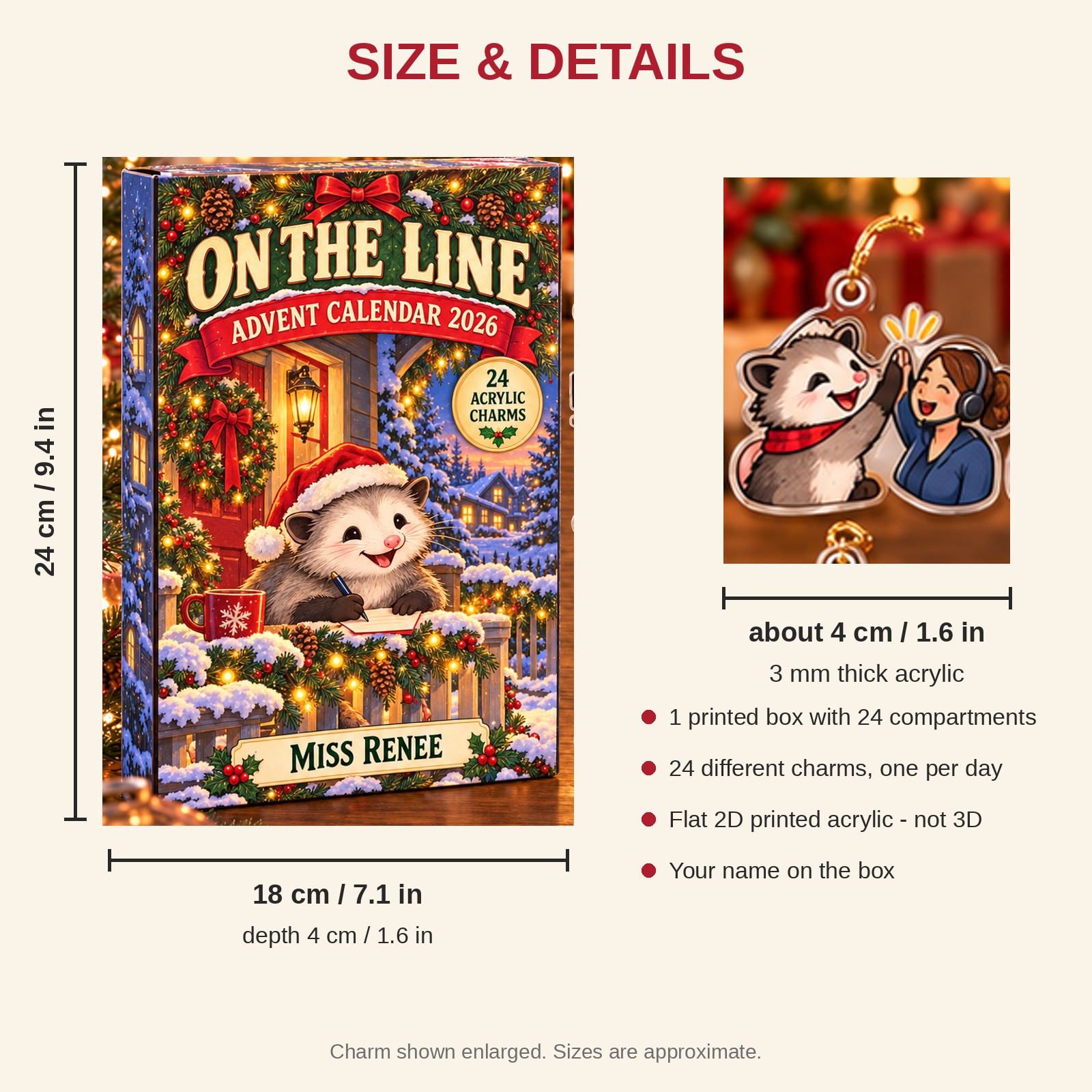 Personalized 911 Dispatcher Opossum advent calendar box with 24 flat acrylic Christmas charms: box and charm sizes