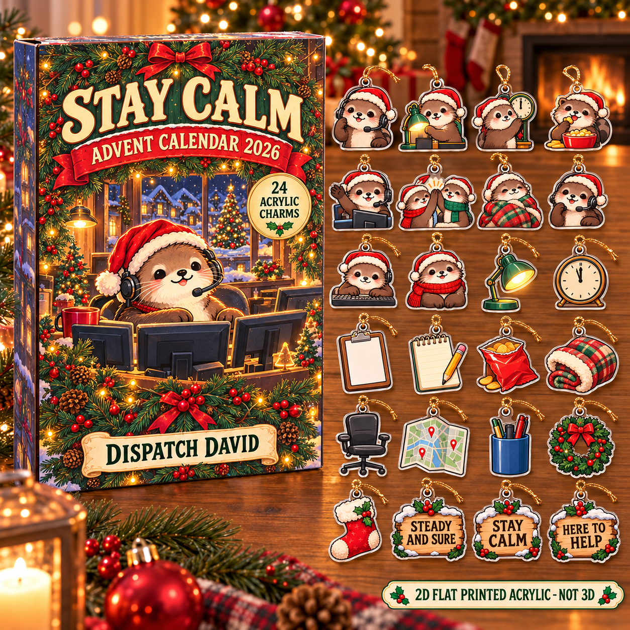Personalized 911 Dispatcher Otter advent calendar box with 24 flat acrylic Christmas charms