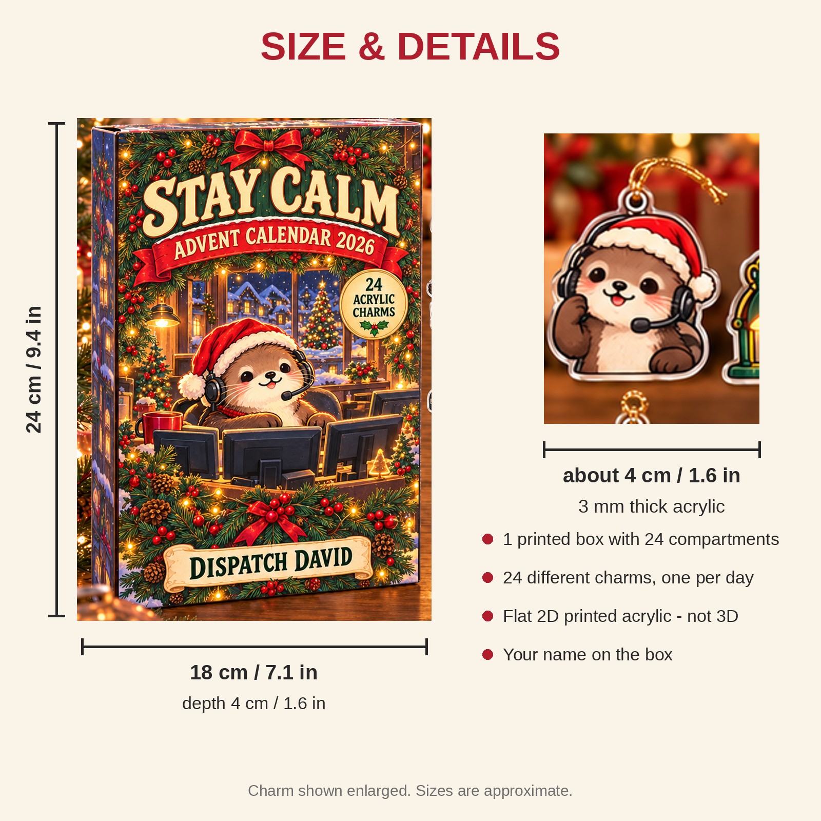 Personalized 911 Dispatcher Otter advent calendar box with 24 flat acrylic Christmas charms: box and charm sizes