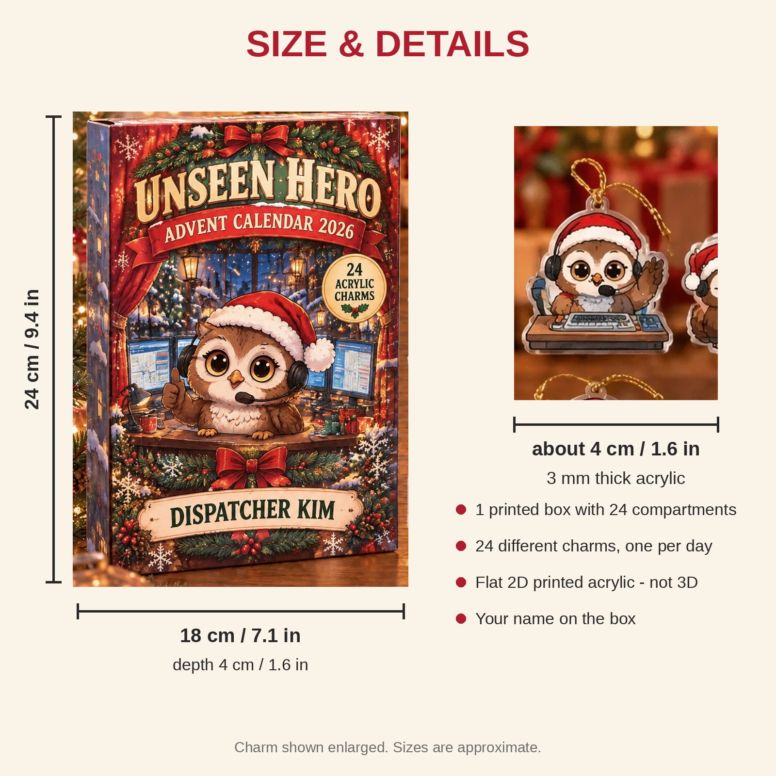 Personalized 911 Dispatcher Owl advent calendar box with 24 flat acrylic Christmas charms: box and charm sizes