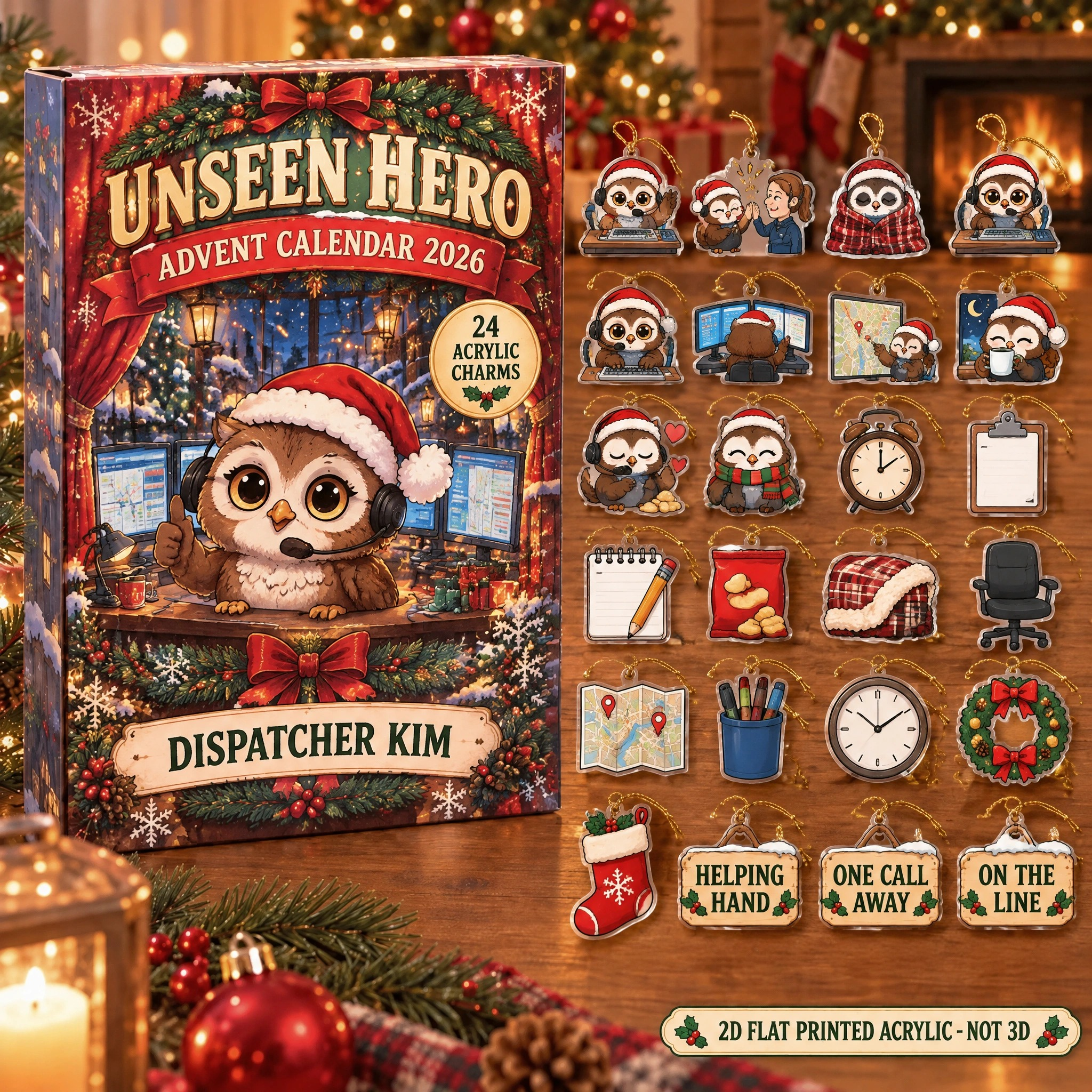 Personalized 911 Dispatcher Owl advent calendar box with 24 flat acrylic Christmas charms