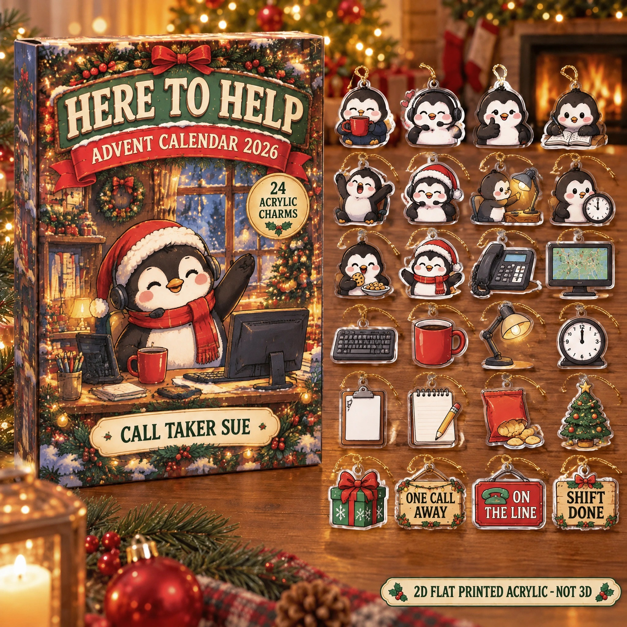 Personalized 911 Dispatcher Penguin advent calendar box with 24 flat acrylic Christmas charms