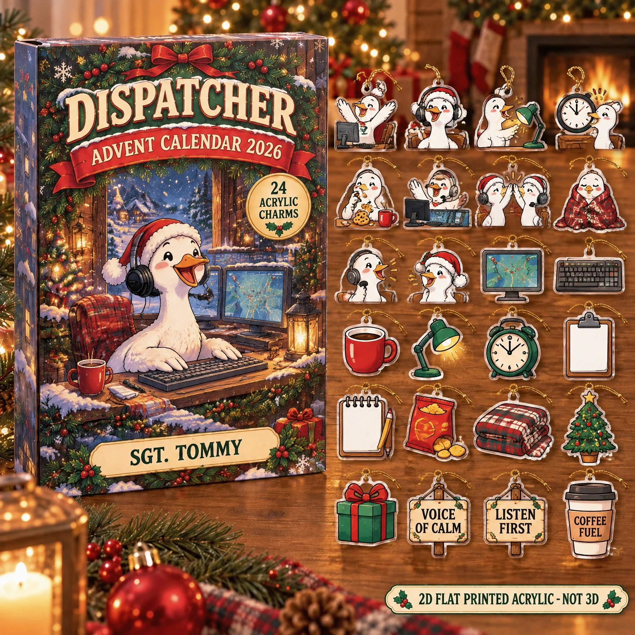 Personalized 911 Dispatcher Silly Goose advent calendar box with 24 flat acrylic Christmas charms