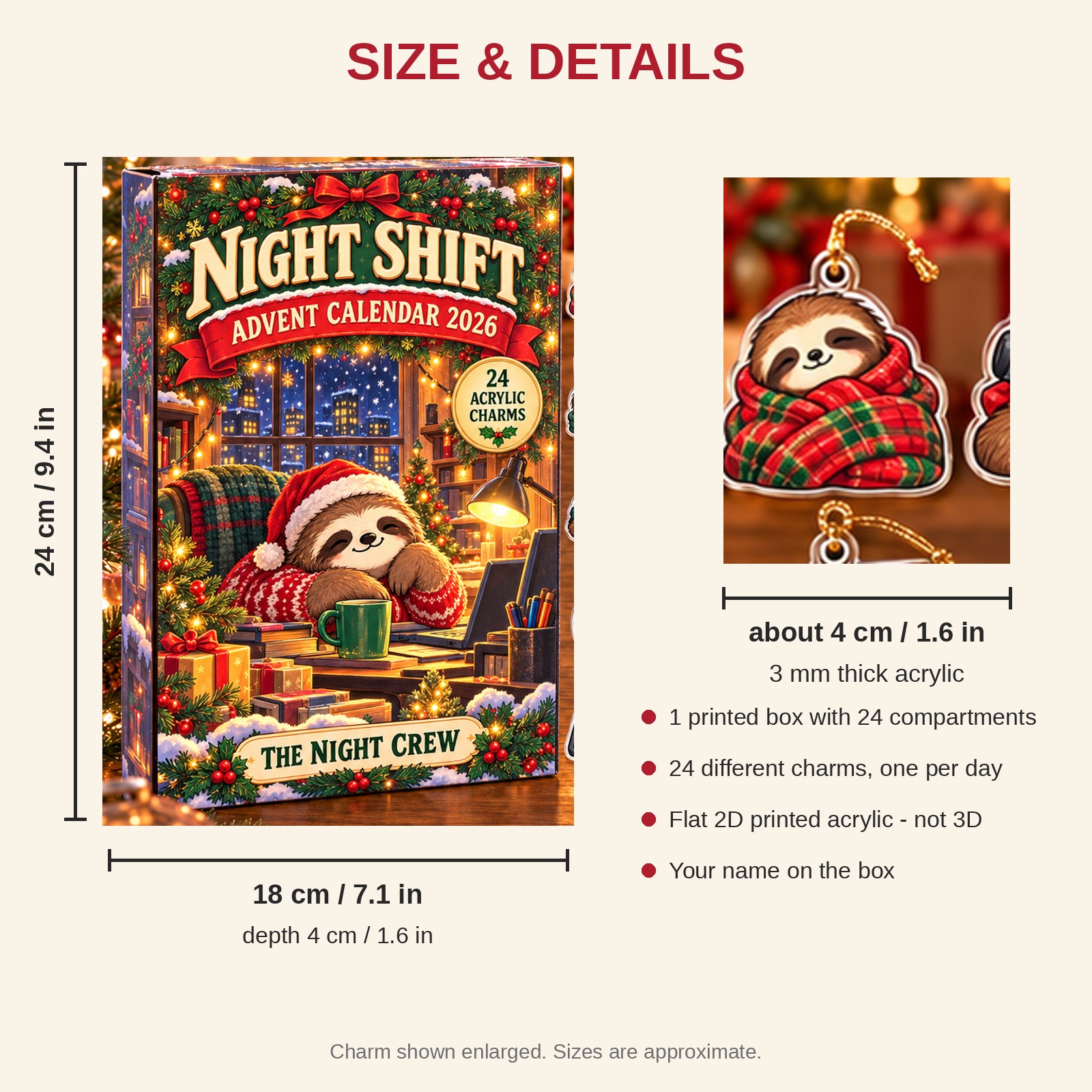 Personalized 911 Dispatcher Sloth advent calendar box with 24 flat acrylic Christmas charms: box and charm sizes