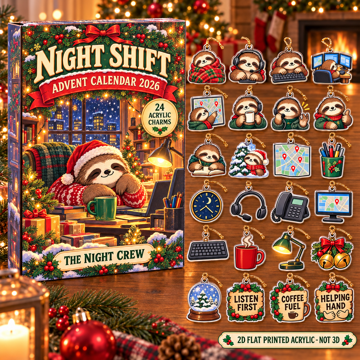 Personalized 911 Dispatcher Sloth advent calendar box with 24 flat acrylic Christmas charms