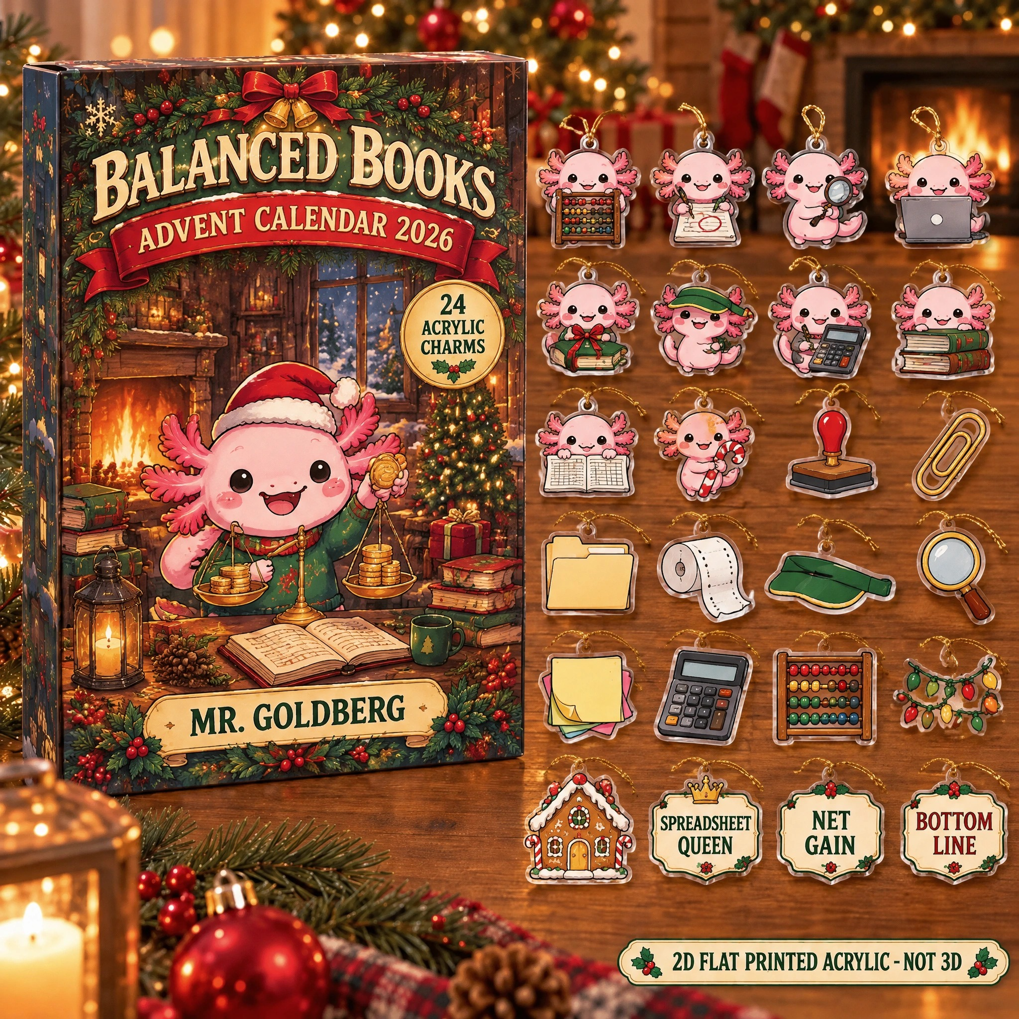 Personalized Accountant Axolotl advent calendar box with 24 flat acrylic Christmas charms