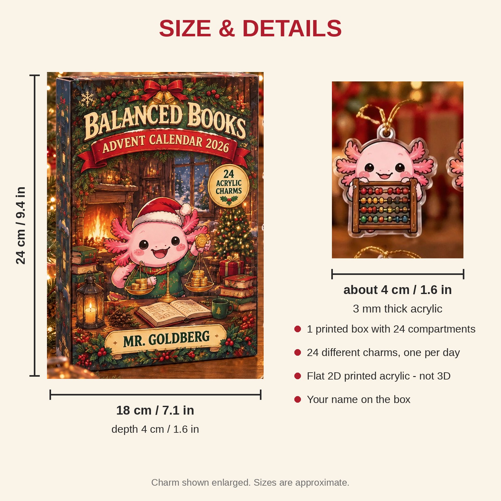 Personalized Accountant Axolotl advent calendar box with 24 flat acrylic Christmas charms: box and charm sizes