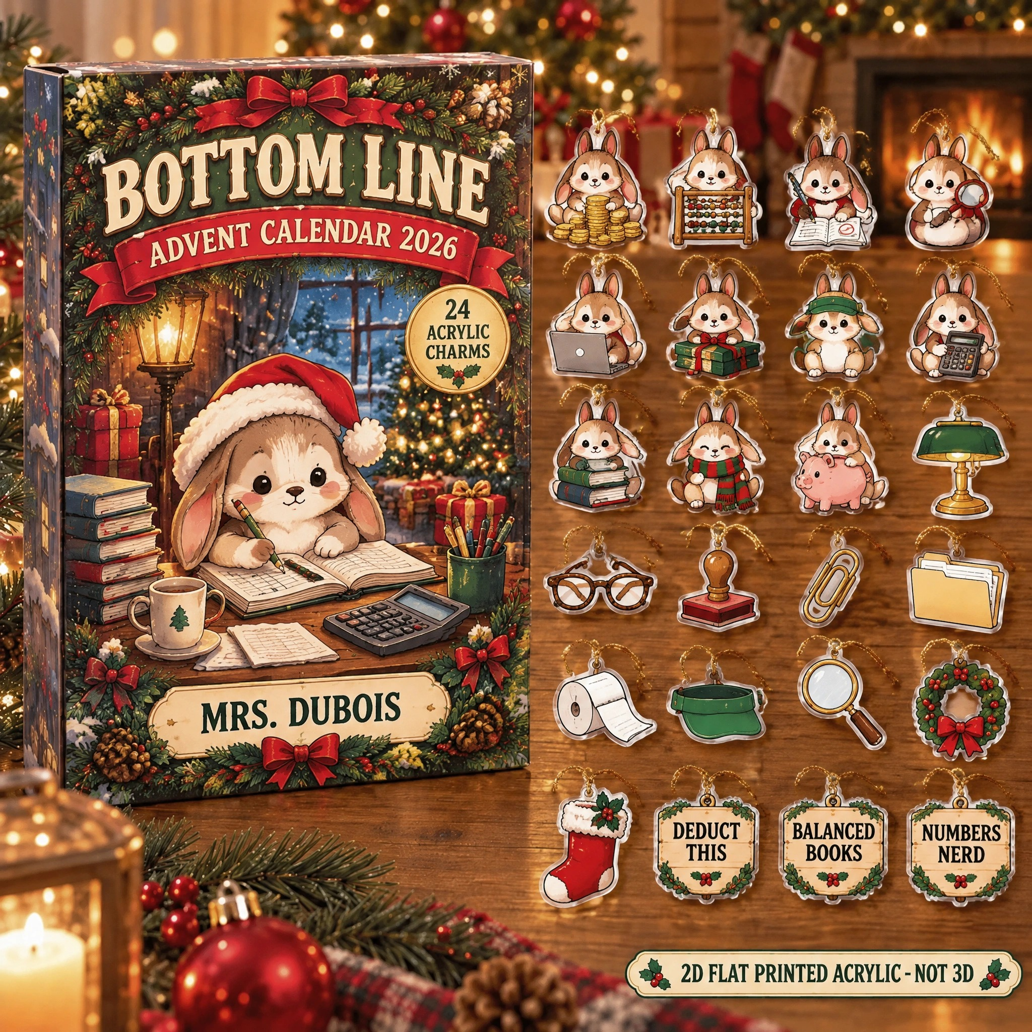 Personalized Accountant Bunny advent calendar box with 24 flat acrylic Christmas charms