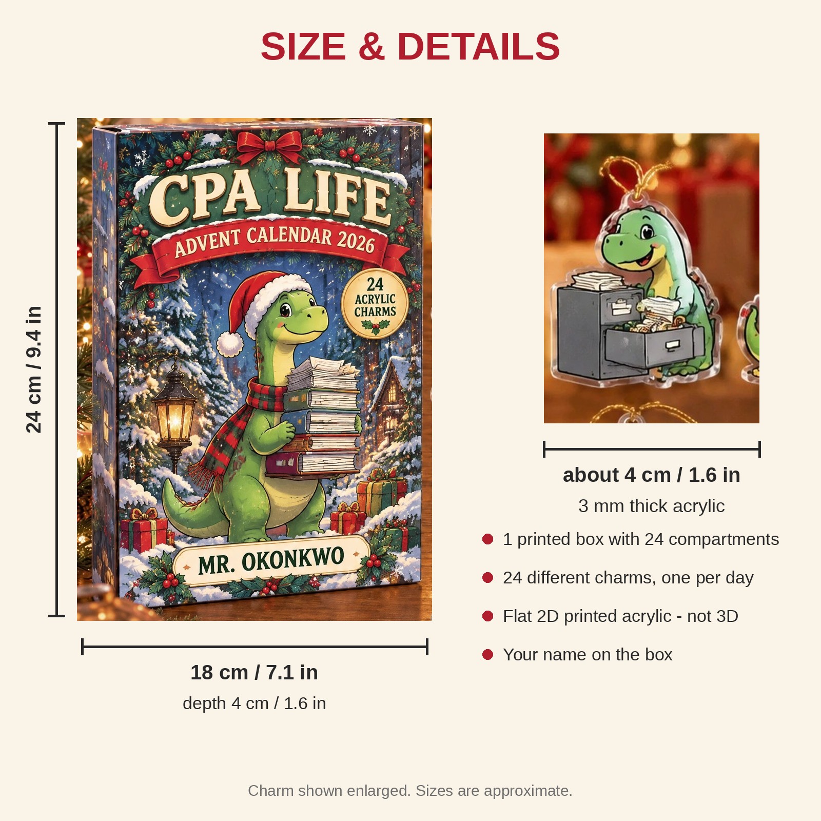 Personalized Accountant Dinosaur advent calendar box with 24 flat acrylic Christmas charms: box and charm sizes