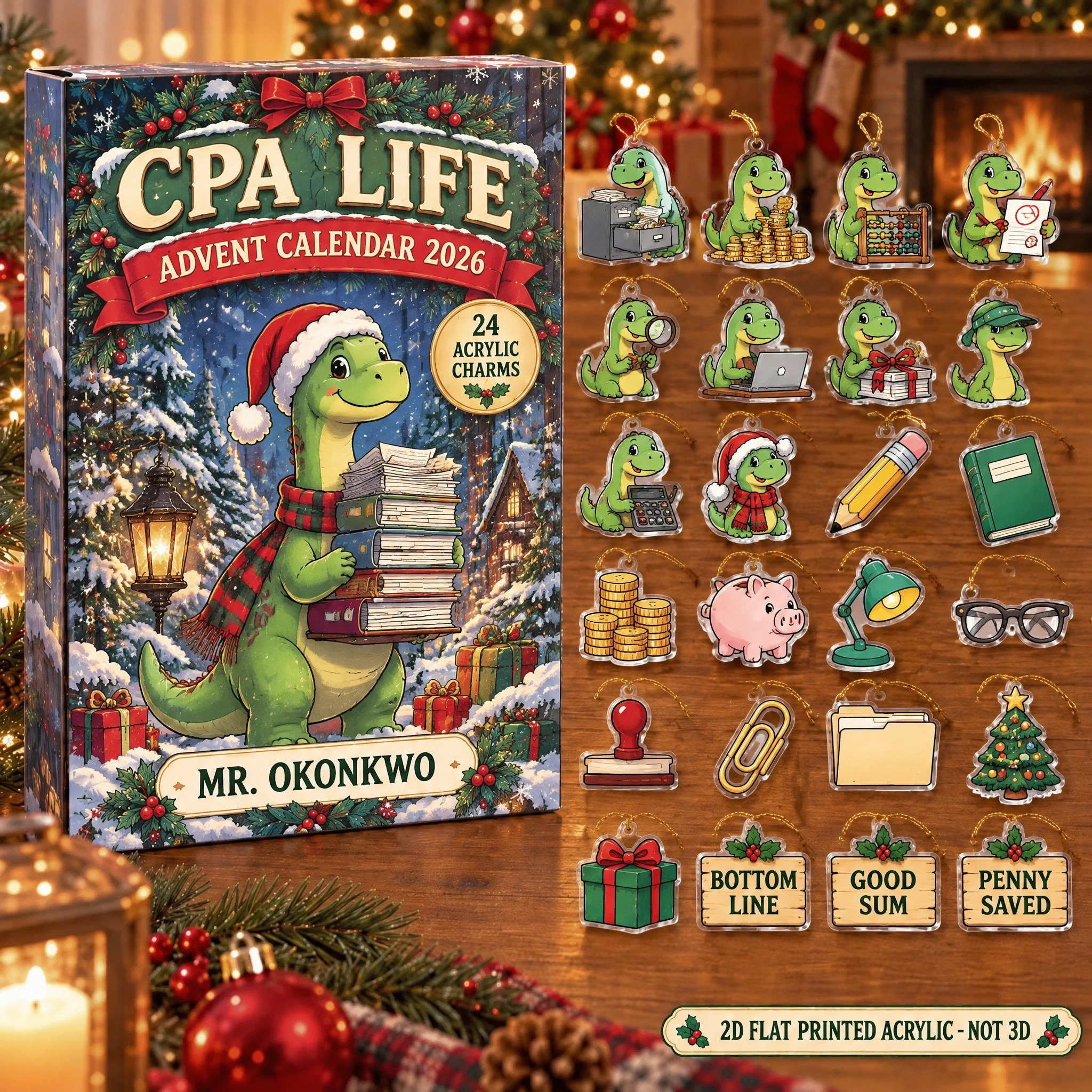 Personalized Accountant Dinosaur advent calendar box with 24 flat acrylic Christmas charms