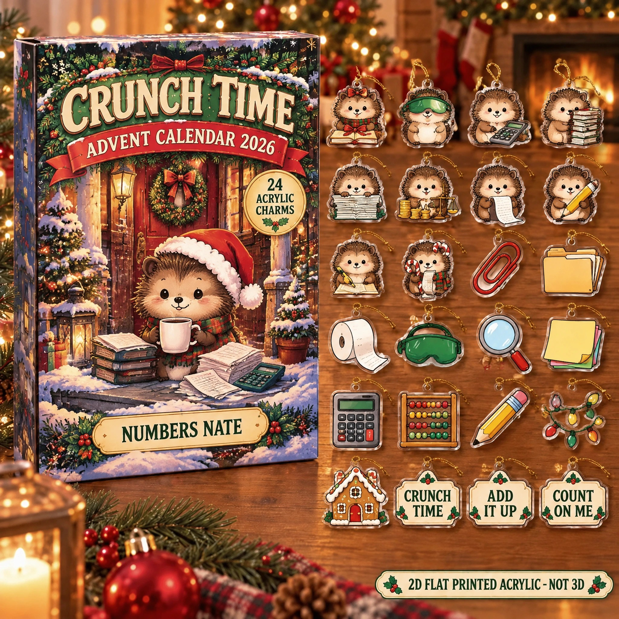 Personalized Accountant Hedgehog advent calendar box with 24 flat acrylic Christmas charms