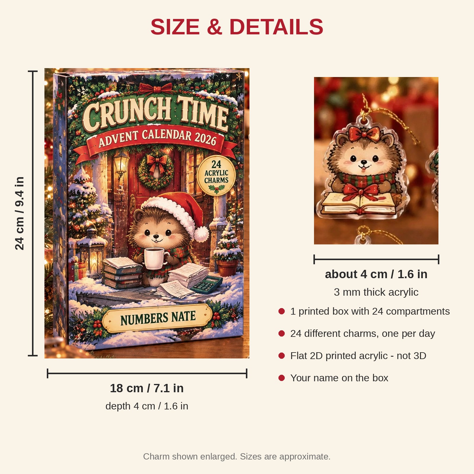 Personalized Accountant Hedgehog advent calendar box with 24 flat acrylic Christmas charms: box and charm sizes