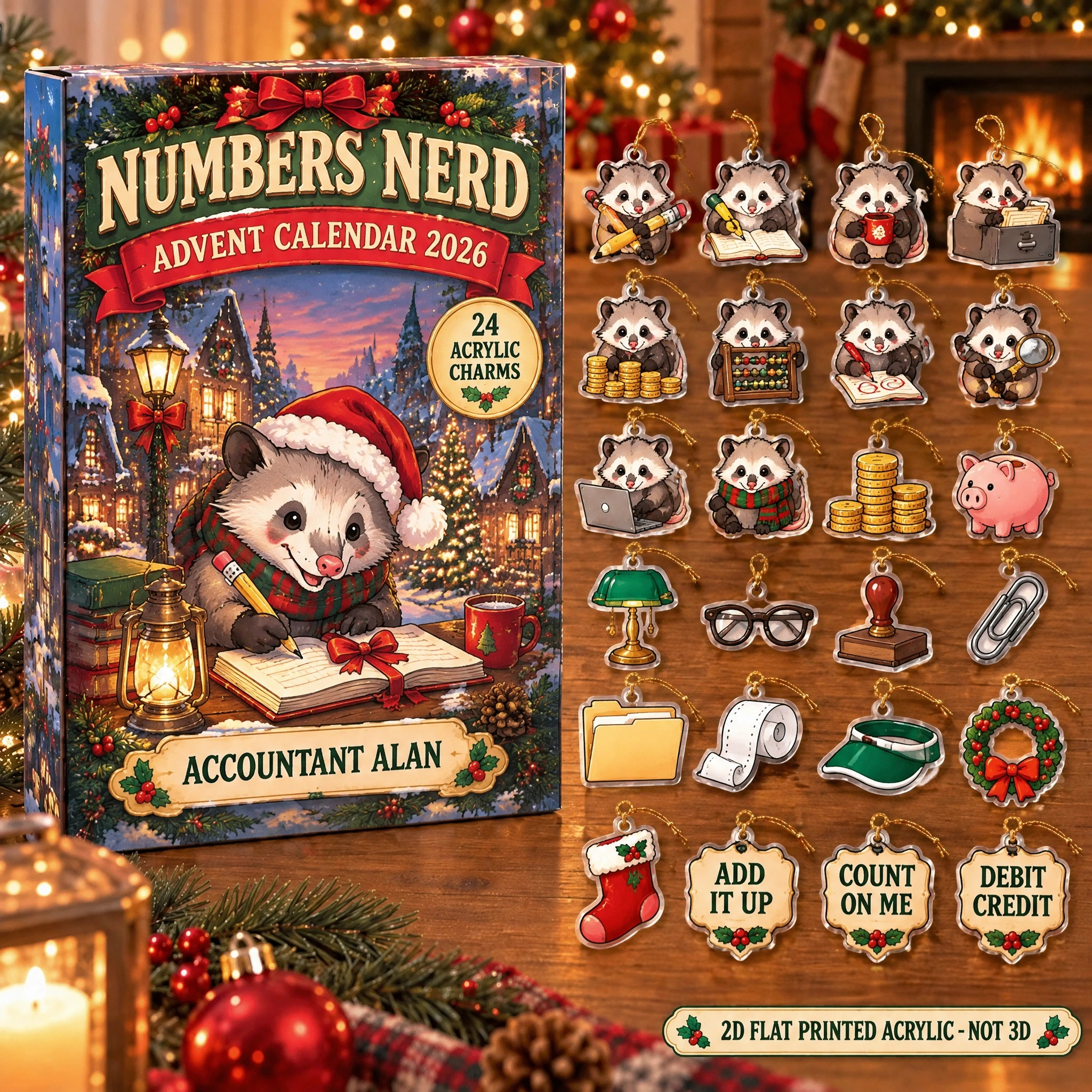 Personalized Accountant Opossum advent calendar box with 24 flat acrylic Christmas charms