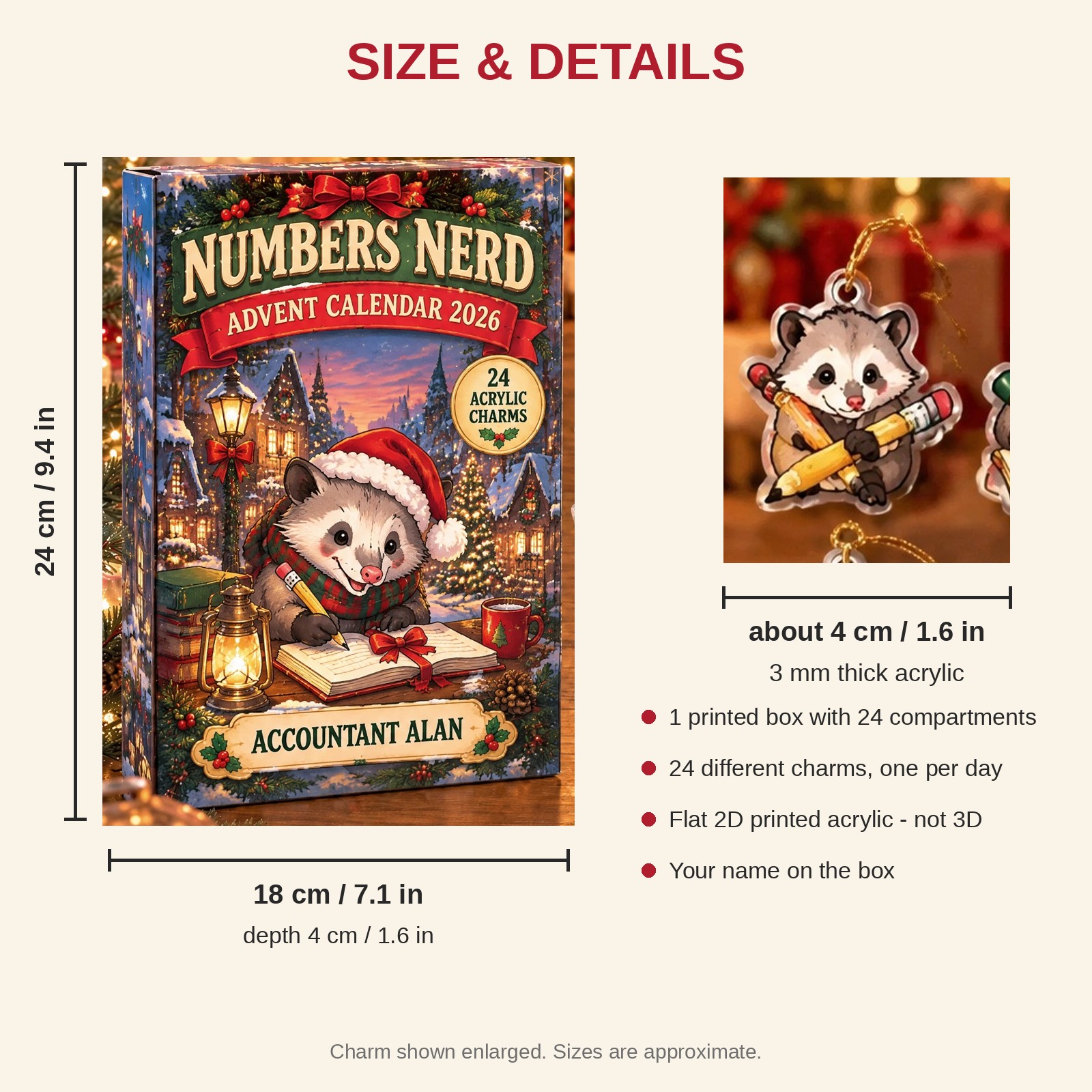 Personalized Accountant Opossum advent calendar box with 24 flat acrylic Christmas charms: box and charm sizes