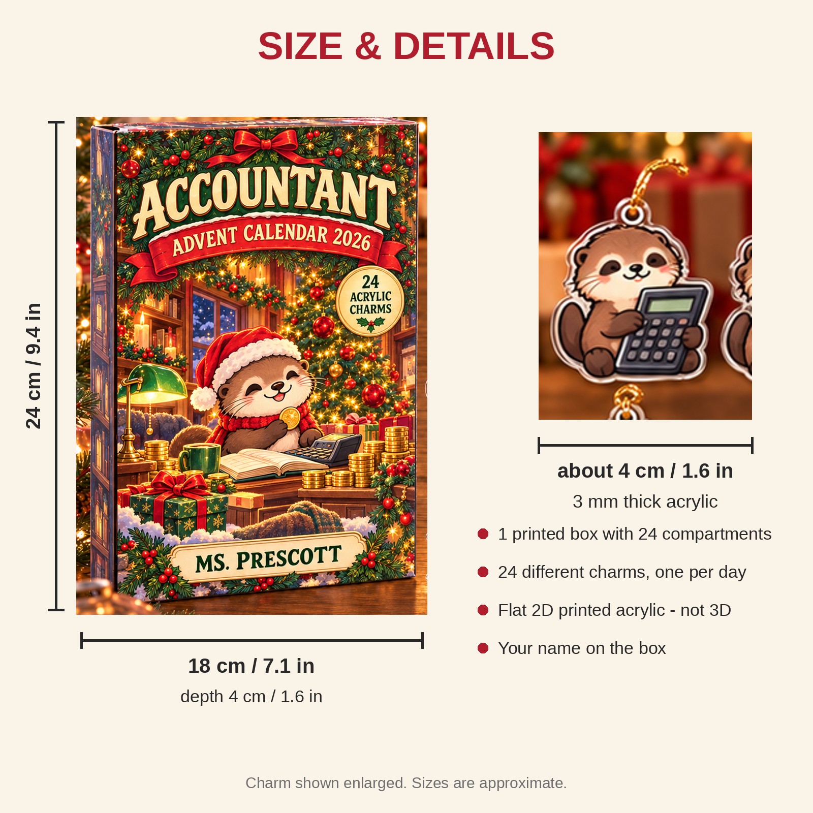 Personalized Accountant Otter advent calendar box with 24 flat acrylic Christmas charms: box and charm sizes