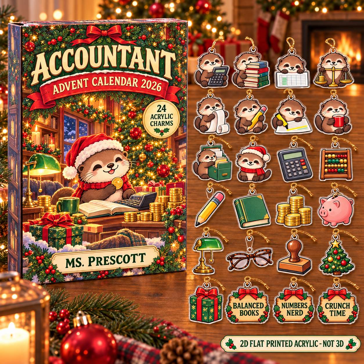 Personalized Accountant Otter advent calendar box with 24 flat acrylic Christmas charms