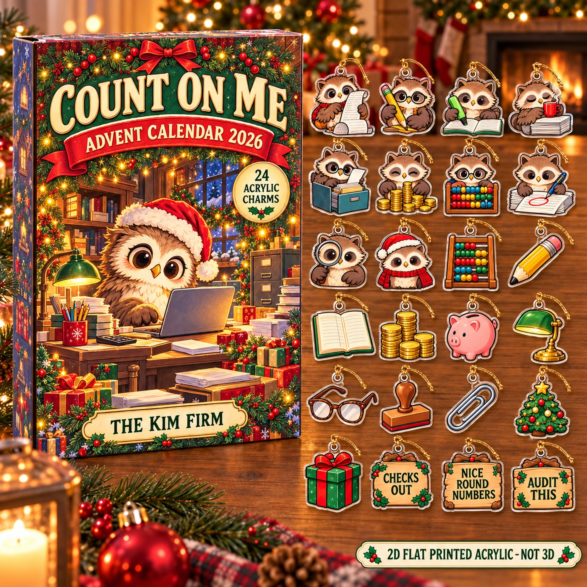 Personalized Accountant Owl advent calendar box with 24 flat acrylic Christmas charms
