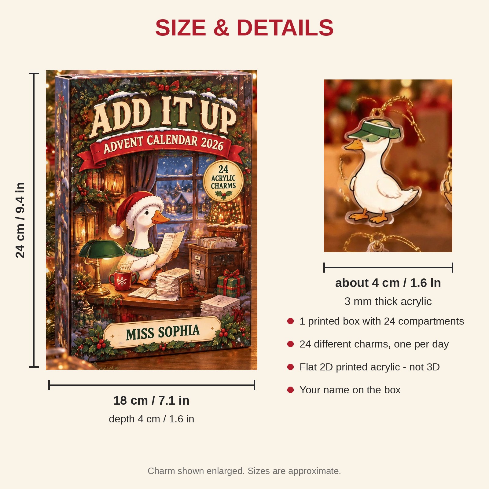 Personalized Accountant Silly Goose advent calendar box with 24 flat acrylic Christmas charms: box and charm sizes